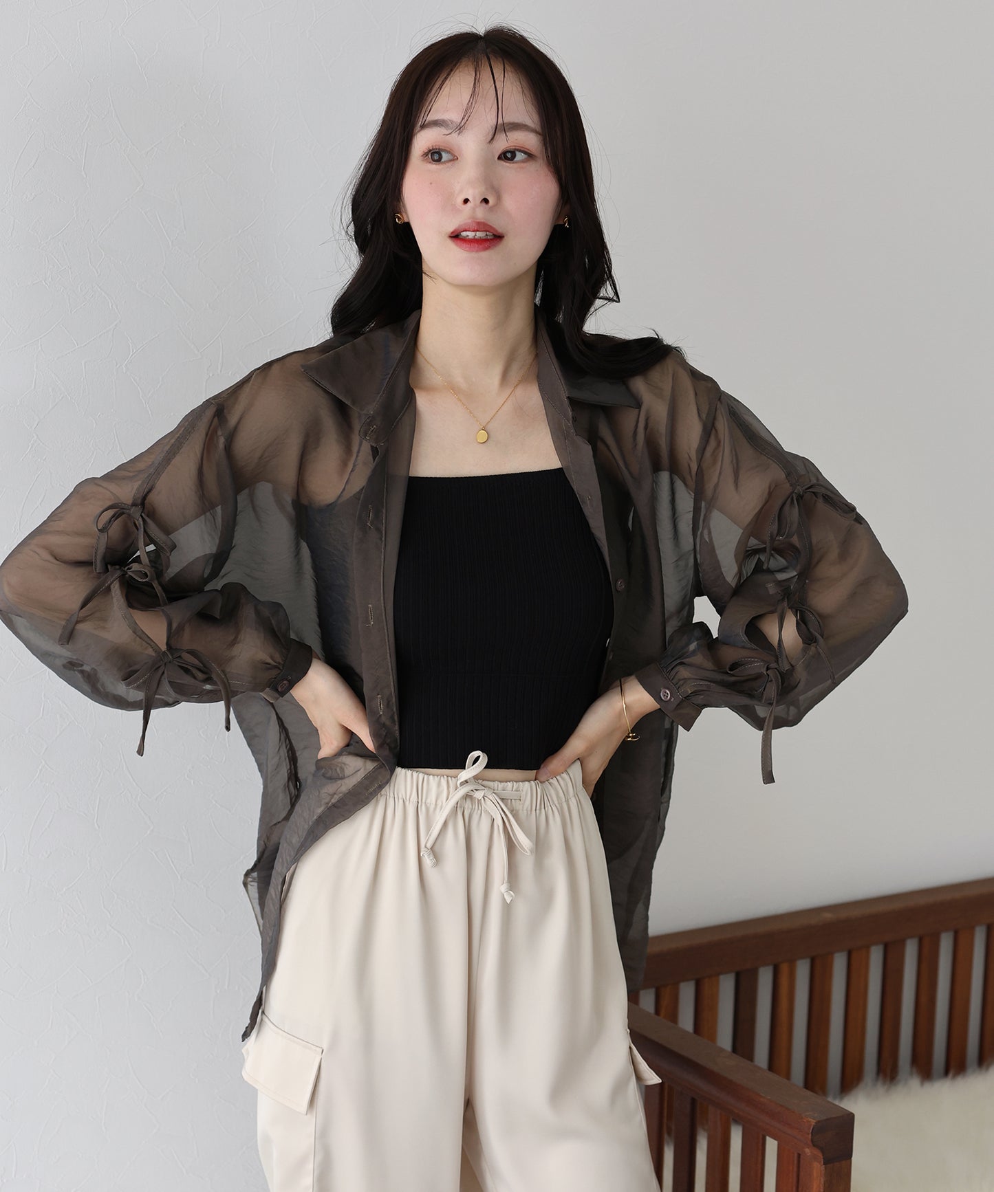 【SALE】袖リボンシアーシャツ【ネコポス】