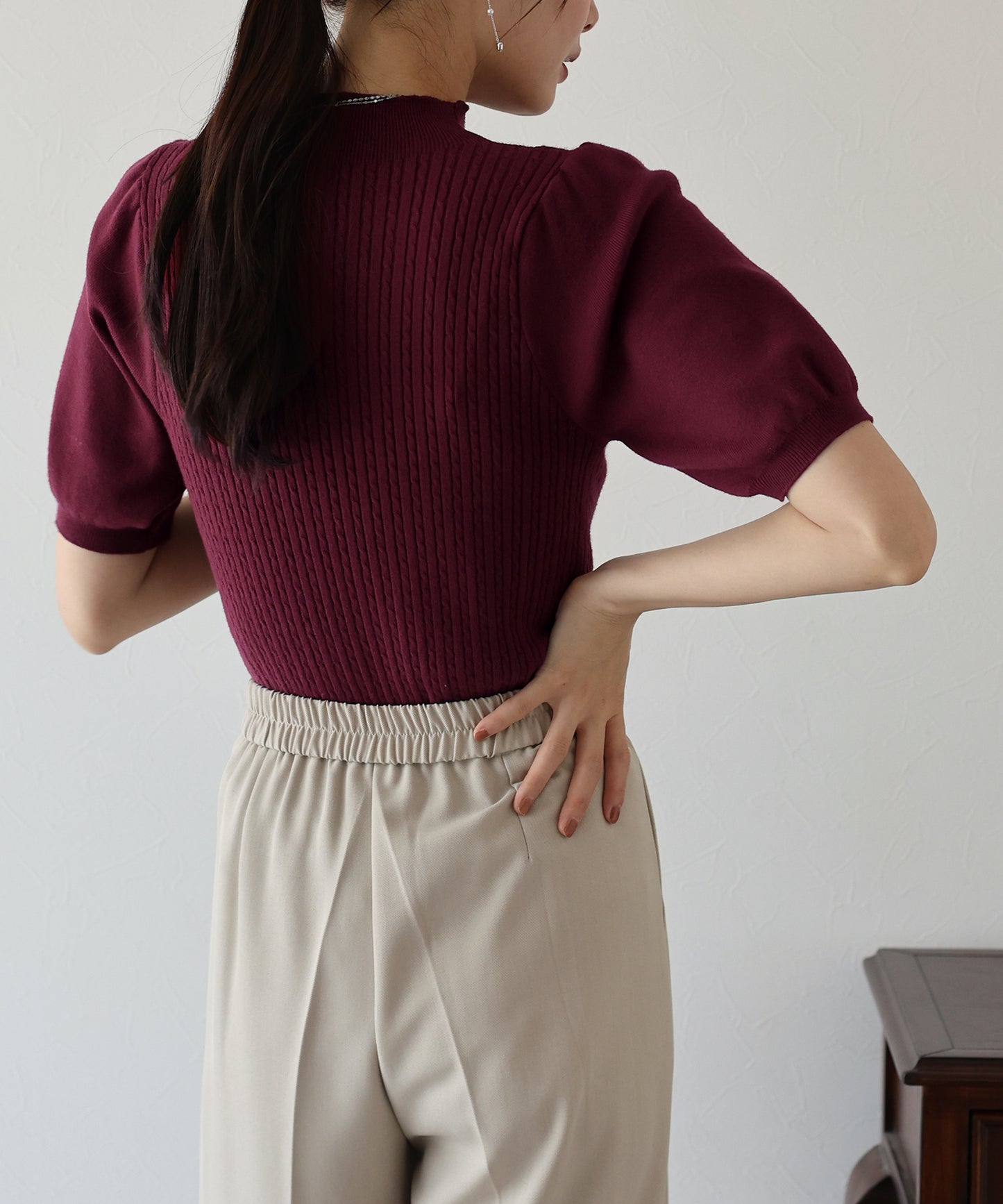 【SALE】パフスリーブ半袖ミニケーブルニット