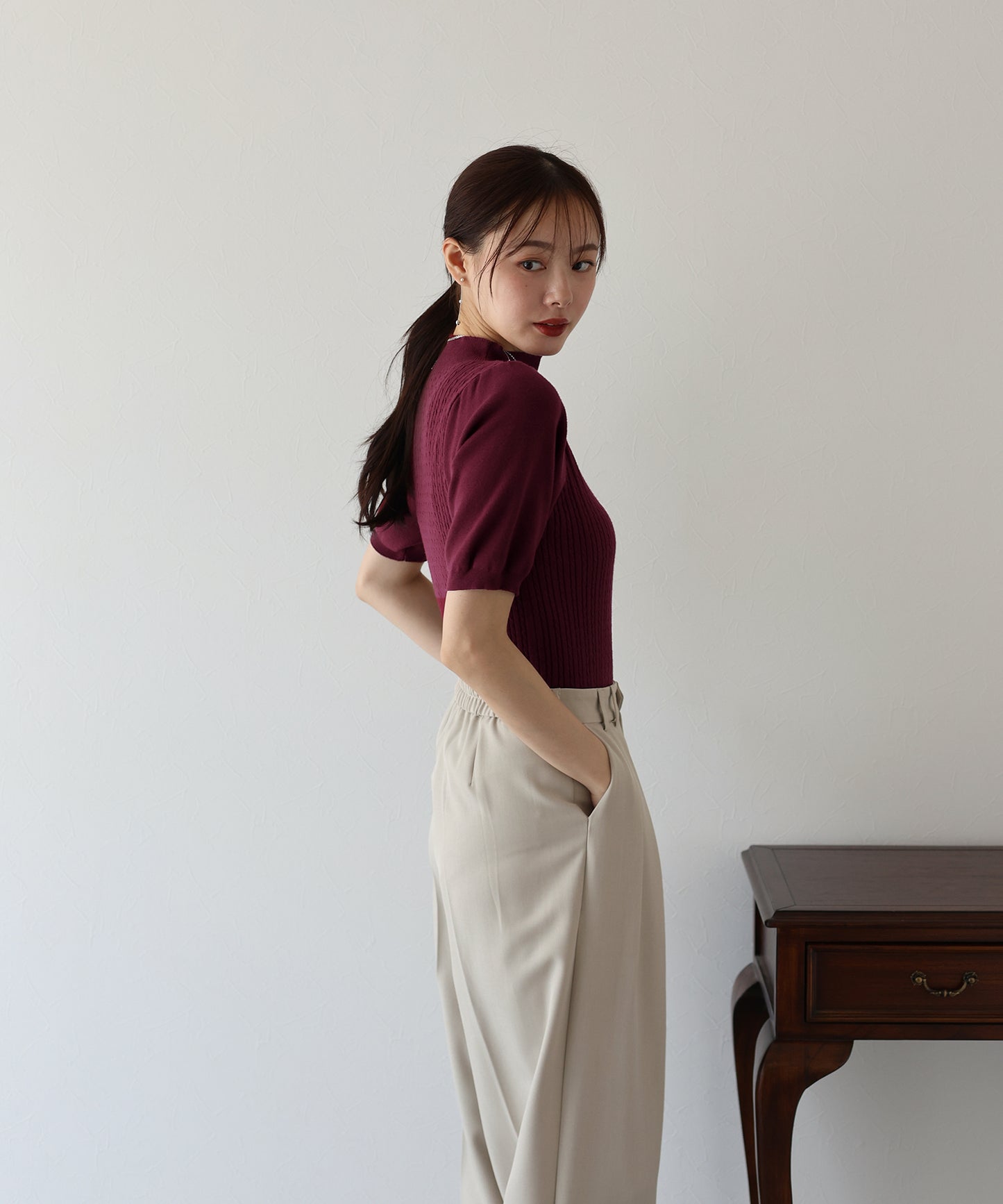 【SALE】パフスリーブ半袖ミニケーブルニット