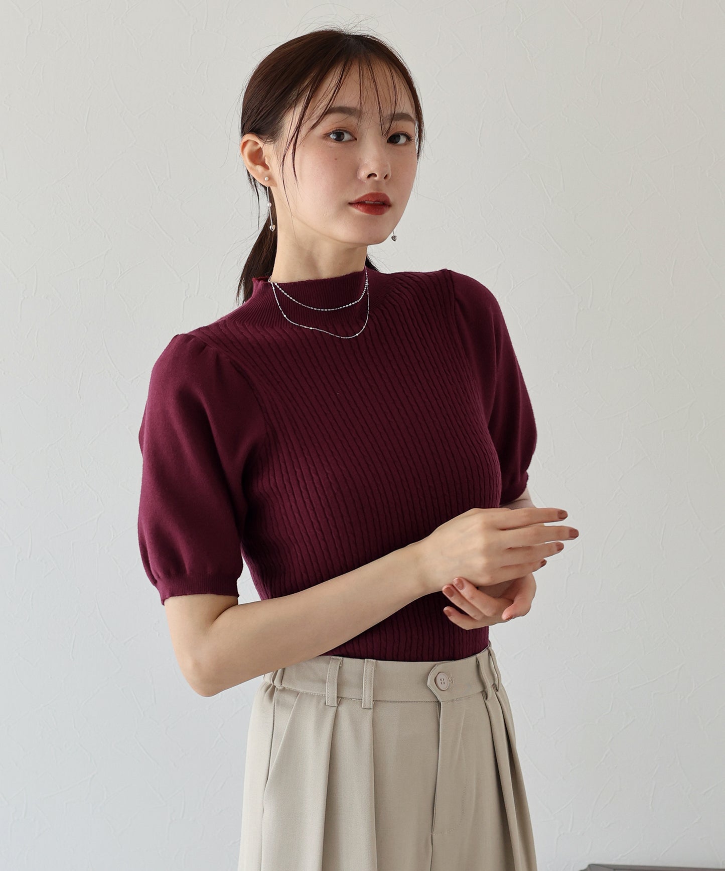 【SALE】パフスリーブ半袖ミニケーブルニット