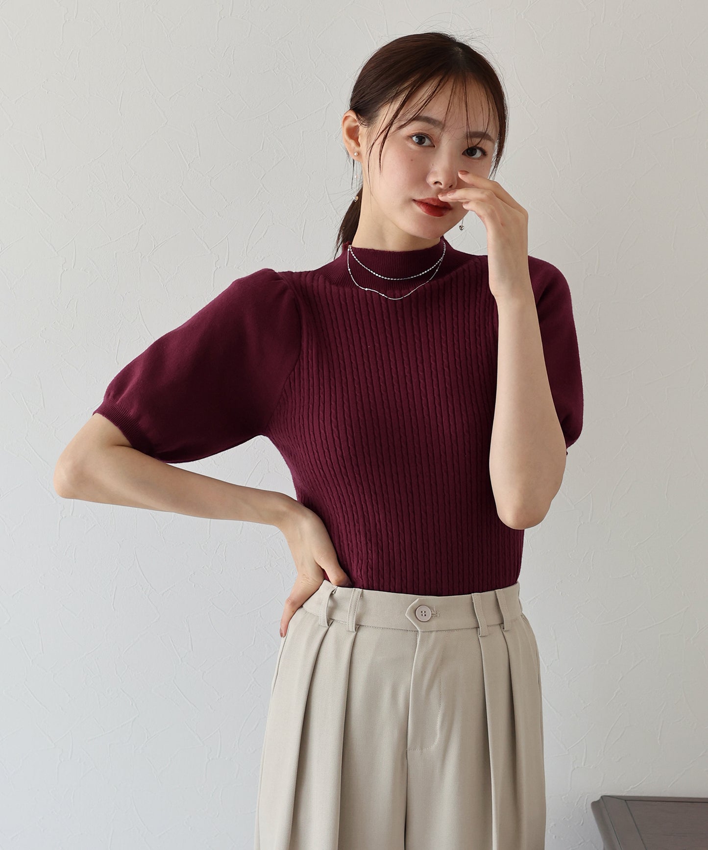 【SALE】パフスリーブ半袖ミニケーブルニット