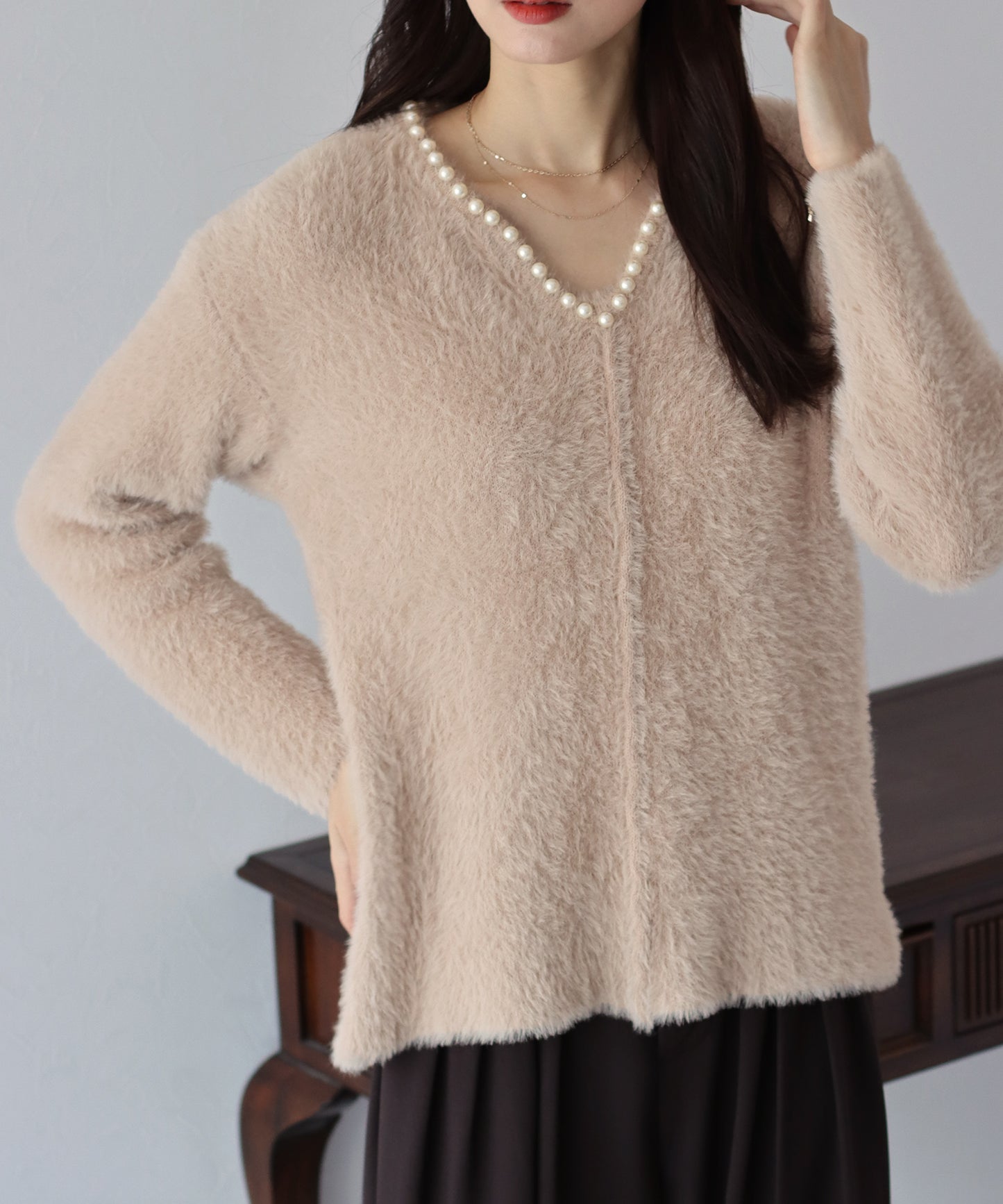 【SALE】パール付きシャギーニット