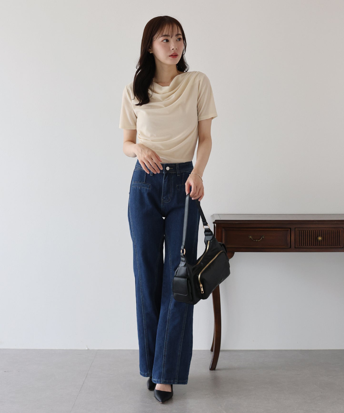 ハイウエストバックリボンワイドデニムパンツ
