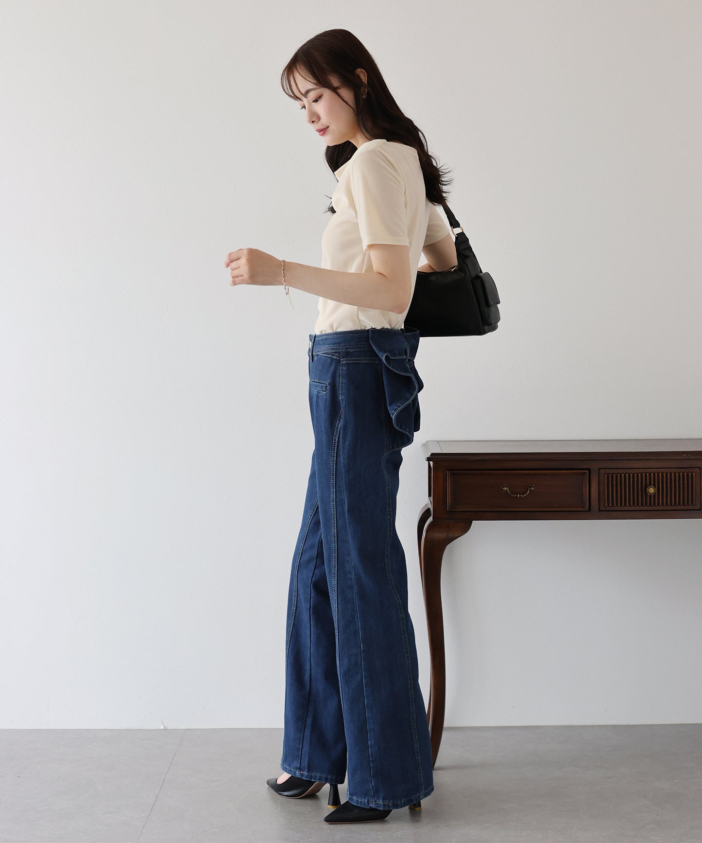 ハイウエストバックリボンワイドデニムパンツ