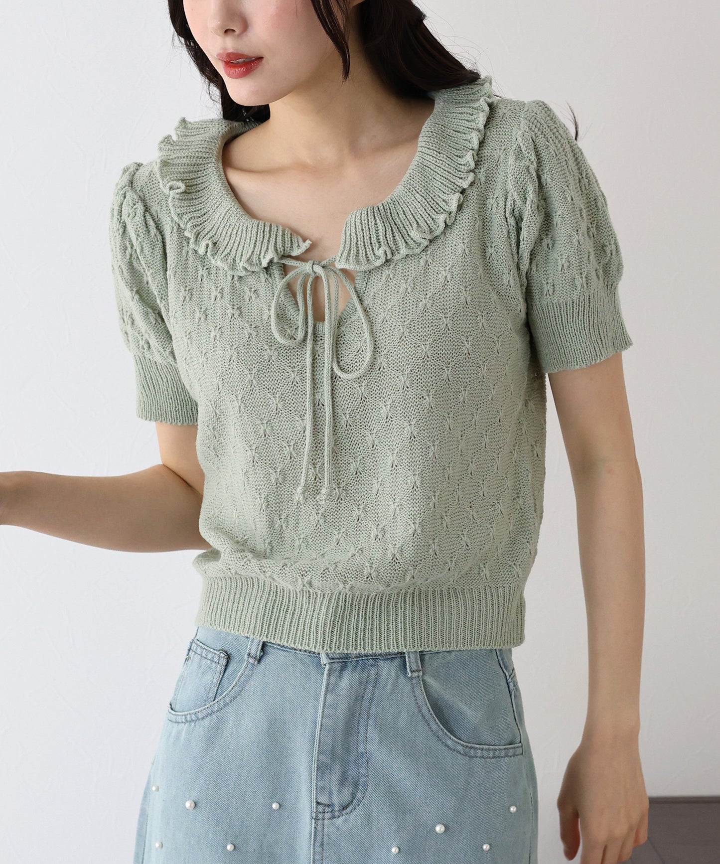 【SALE】フリル襟かぎ編みニット