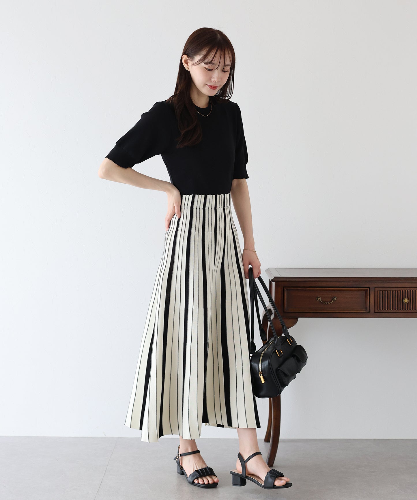 【SALE】配色ストライプニットスカートドッキングワンピース