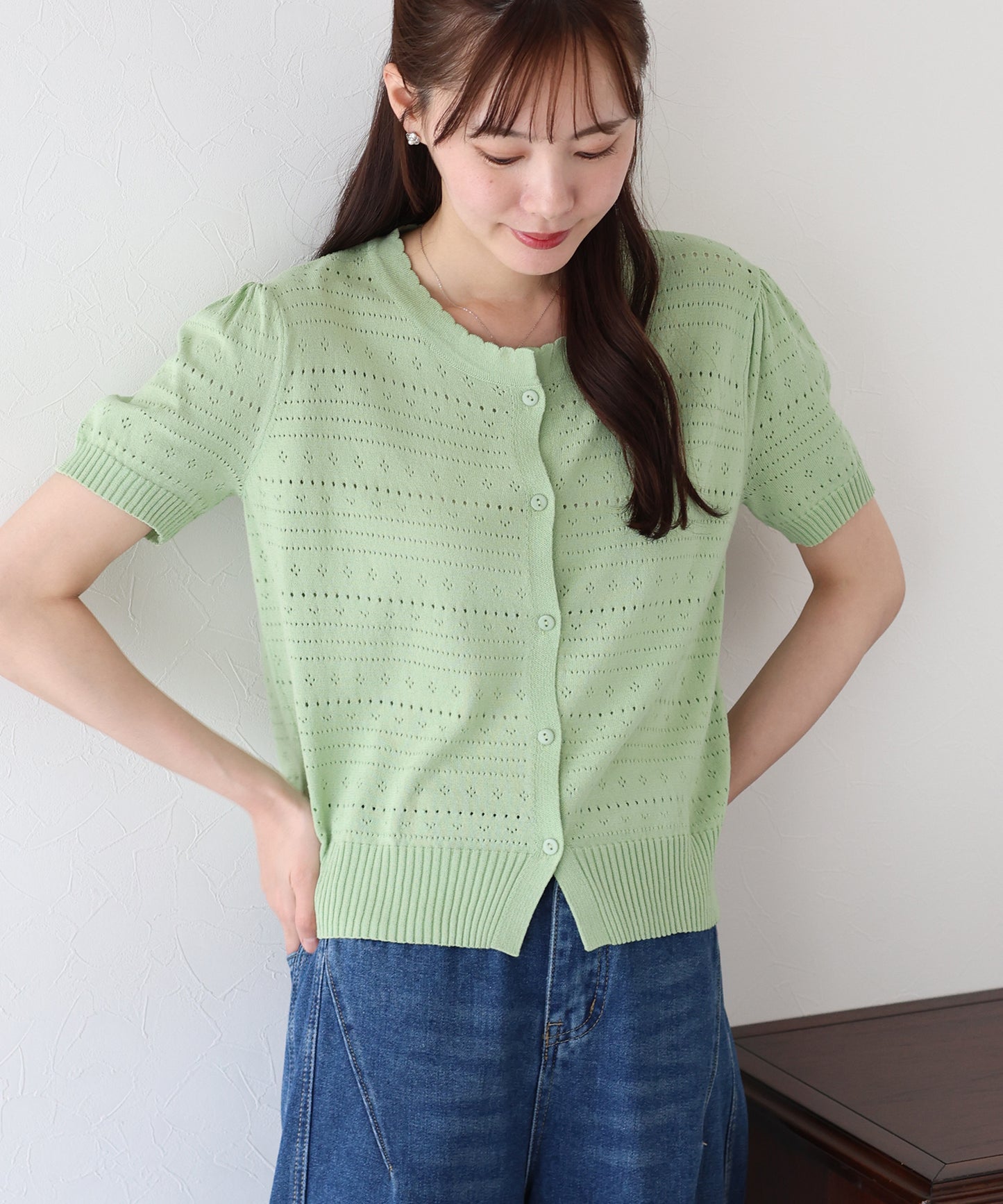 【SALE】透かし編み半袖ニットカーディガン【ネコポス】