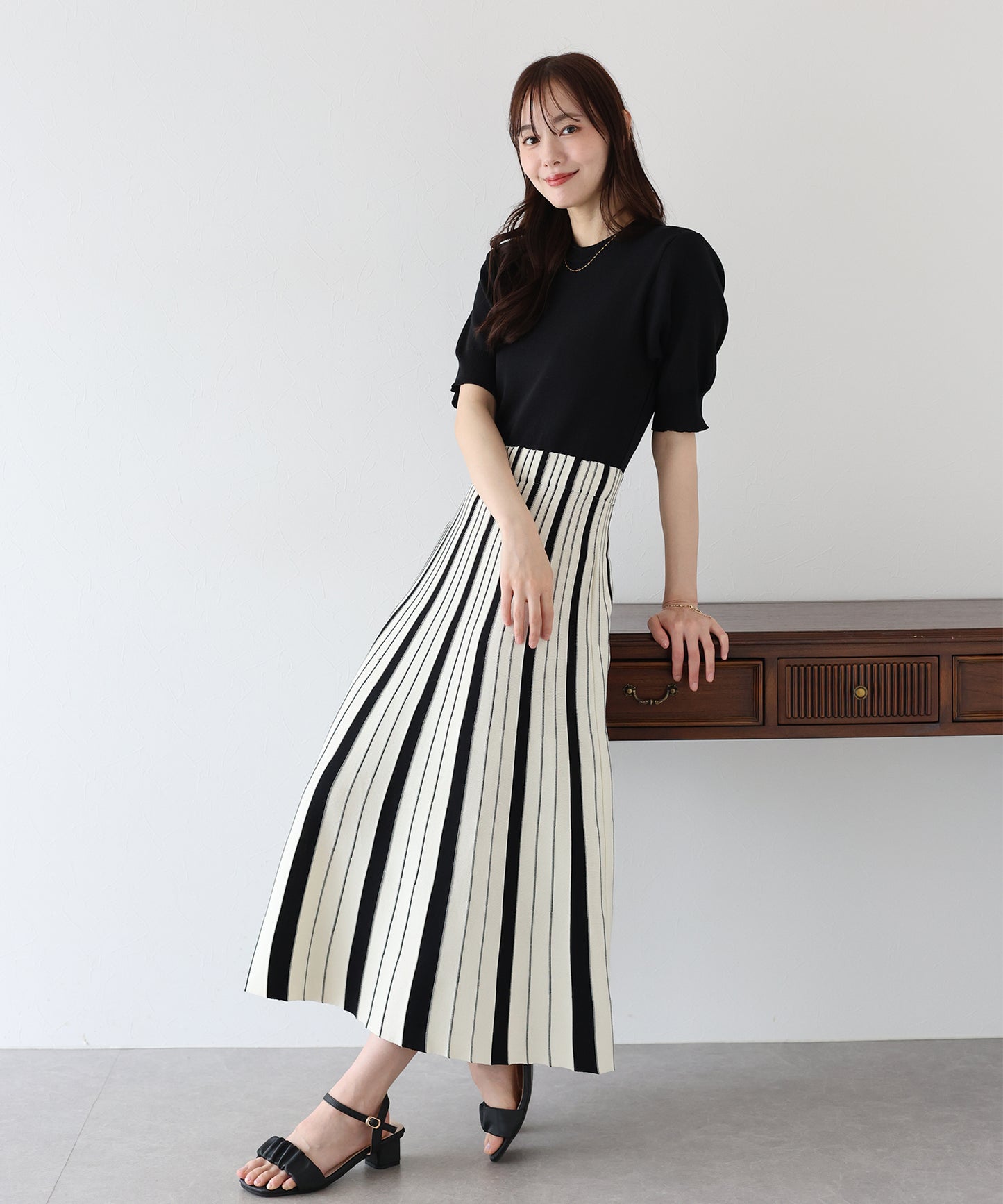 【SALE】配色ストライプニットスカートドッキングワンピース