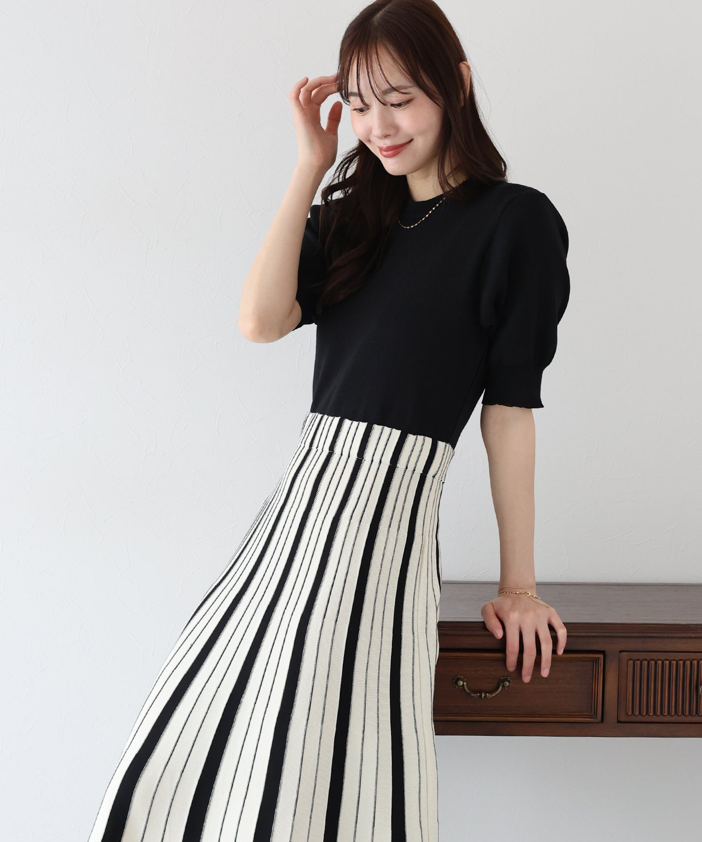 【SALE】配色ストライプニットスカートドッキングワンピース