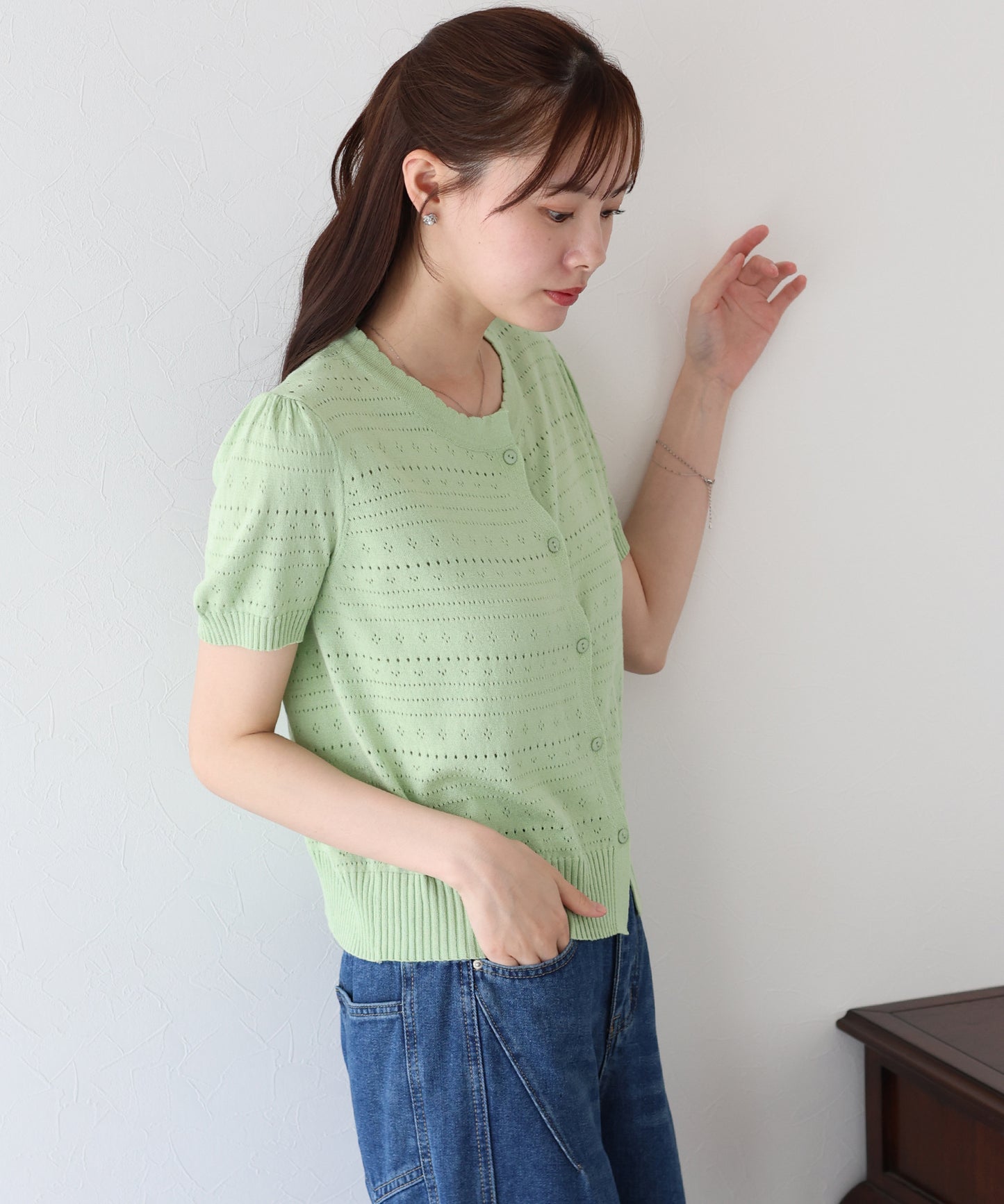 【SALE】透かし編み半袖ニットカーディガン【ネコポス】