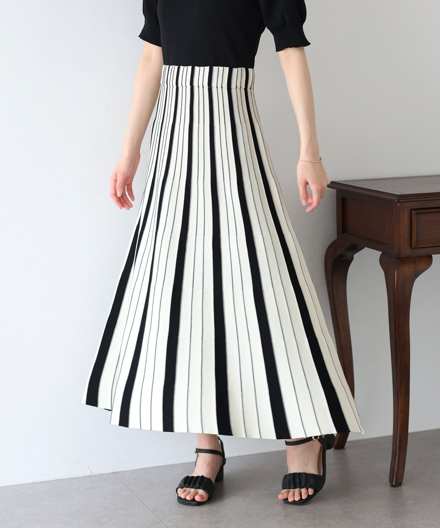 【SALE】配色ストライプニットスカートドッキングワンピース