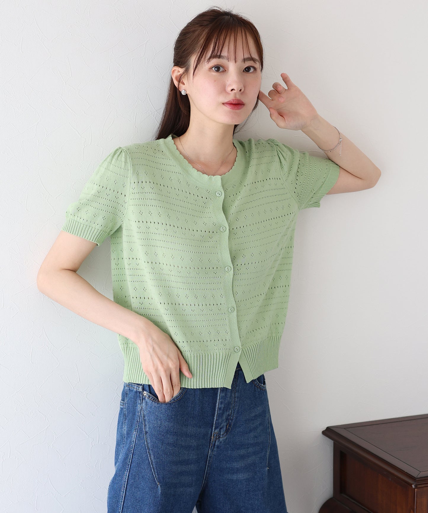 【SALE】透かし編み半袖ニットカーディガン【ネコポス】