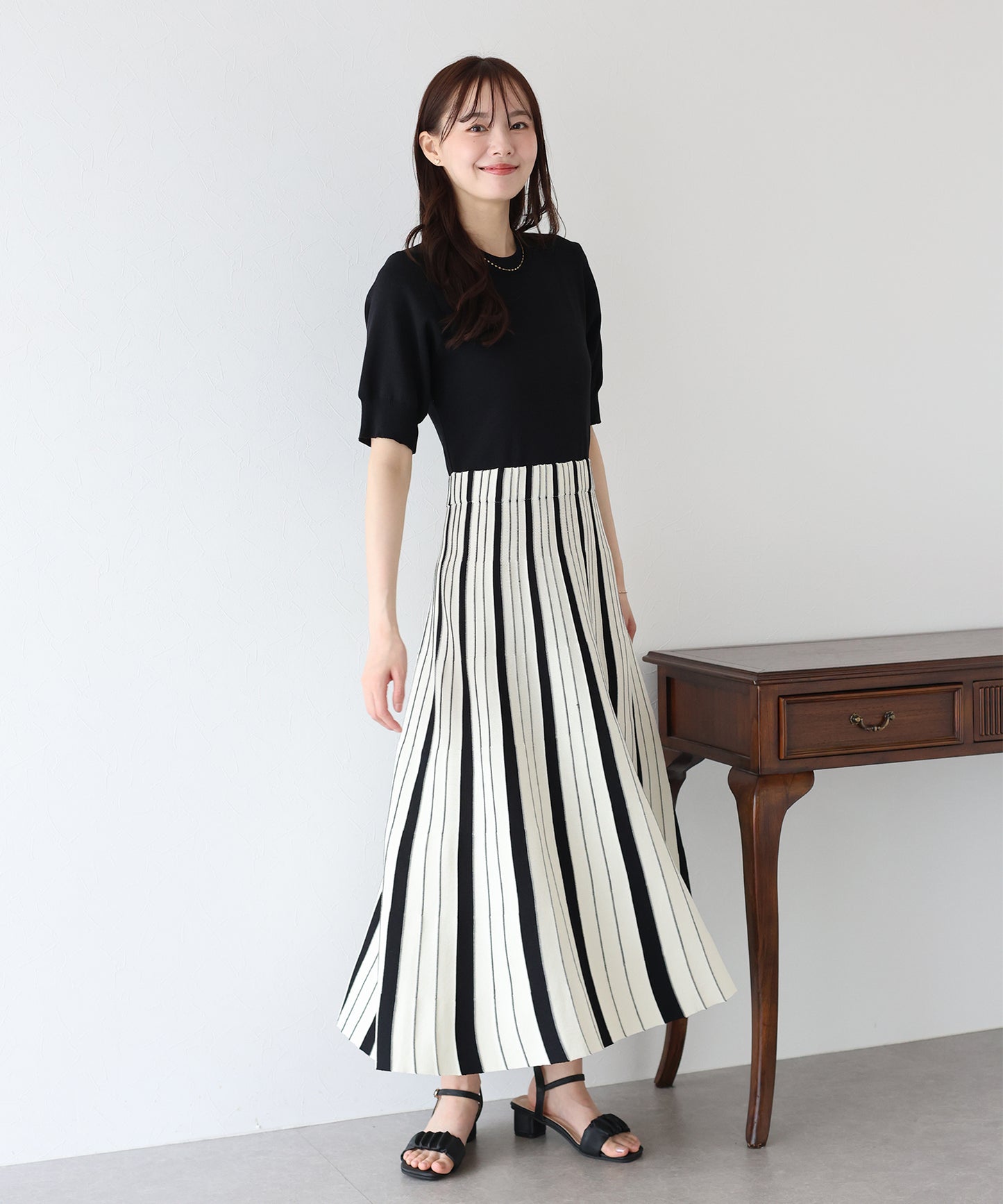 【SALE】配色ストライプニットスカートドッキングワンピース
