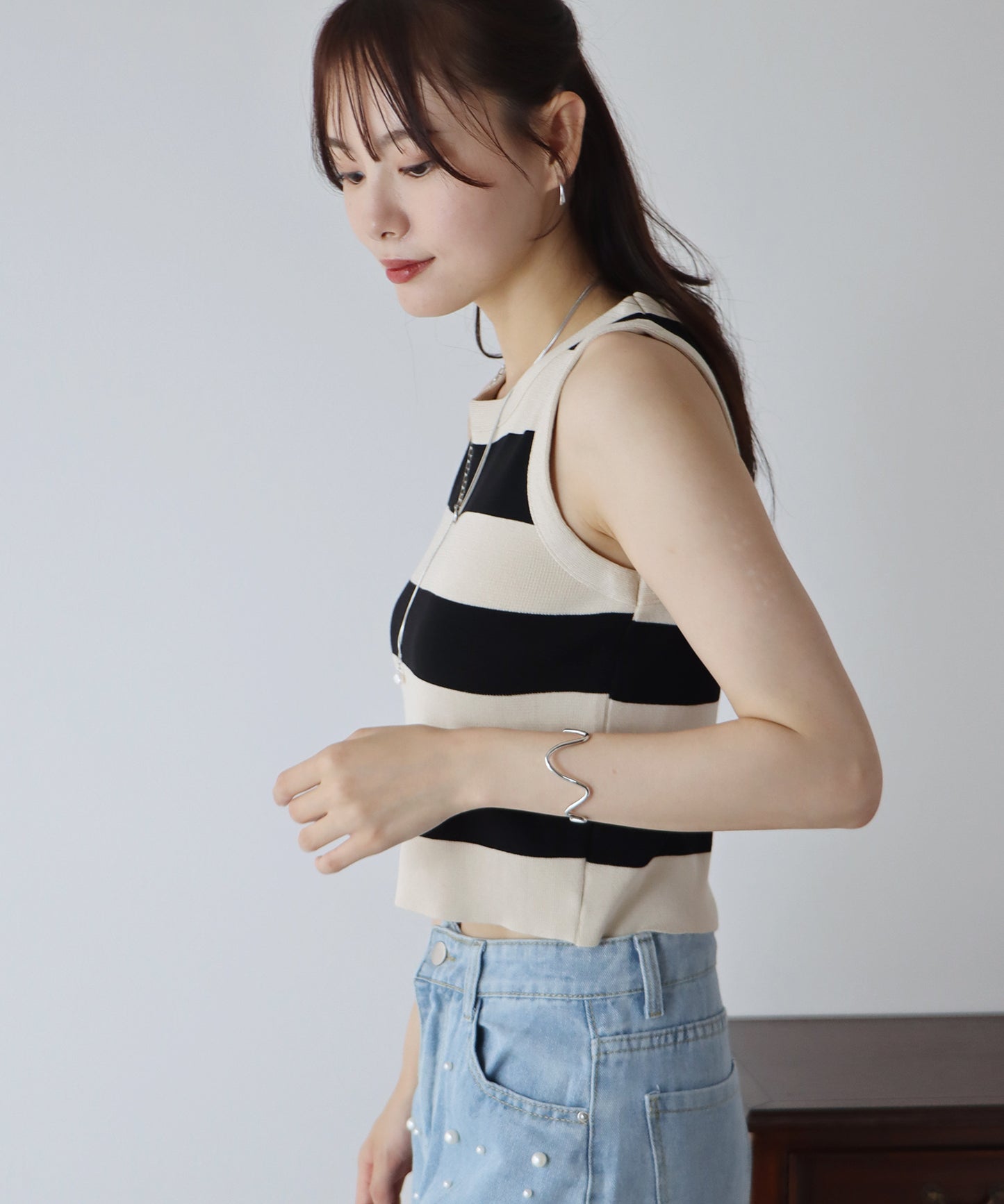 【TIME SALE】ボーダーノースリーブニット【ゆうパケット】