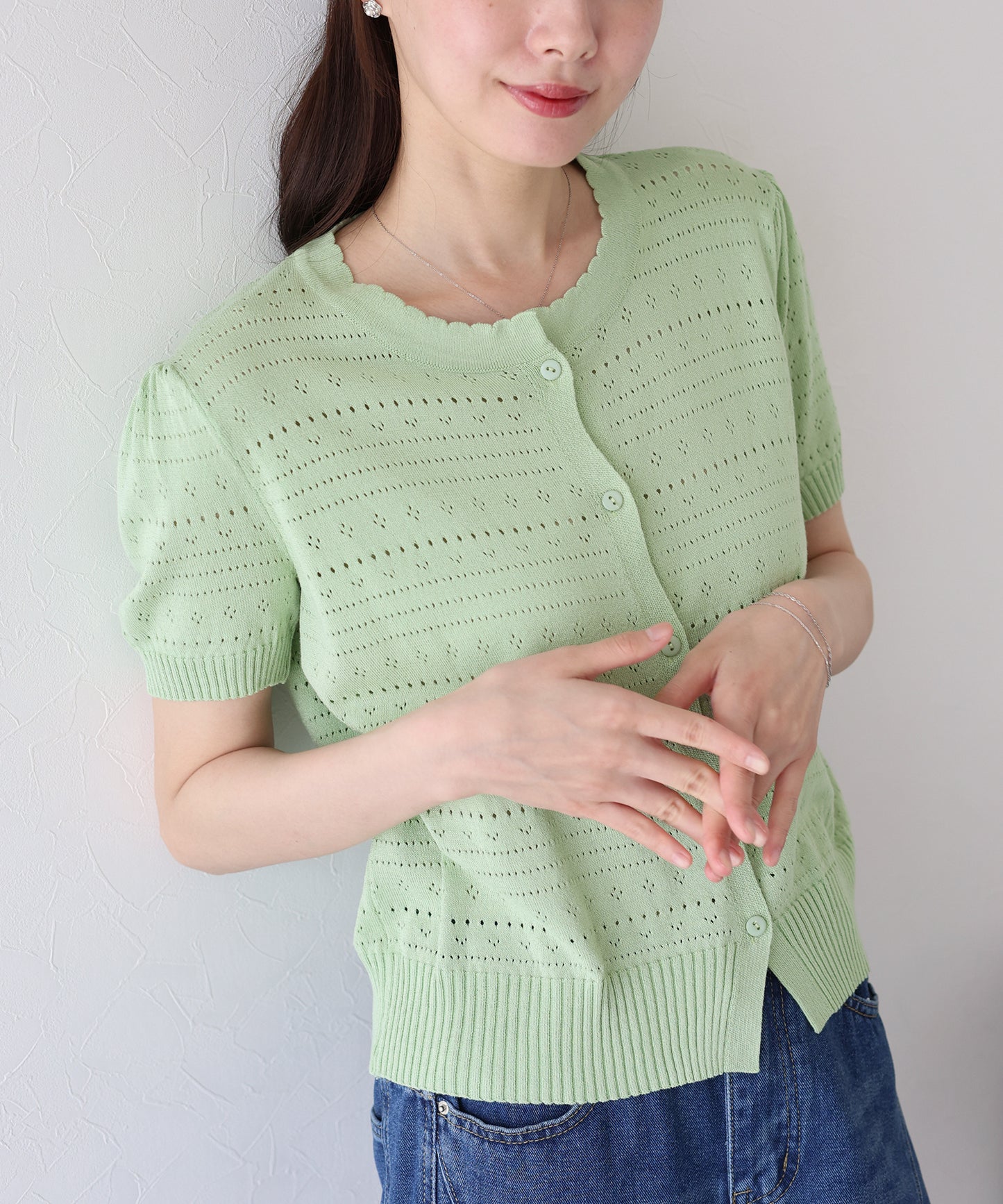 【SALE】透かし編み半袖ニットカーディガン【ネコポス】