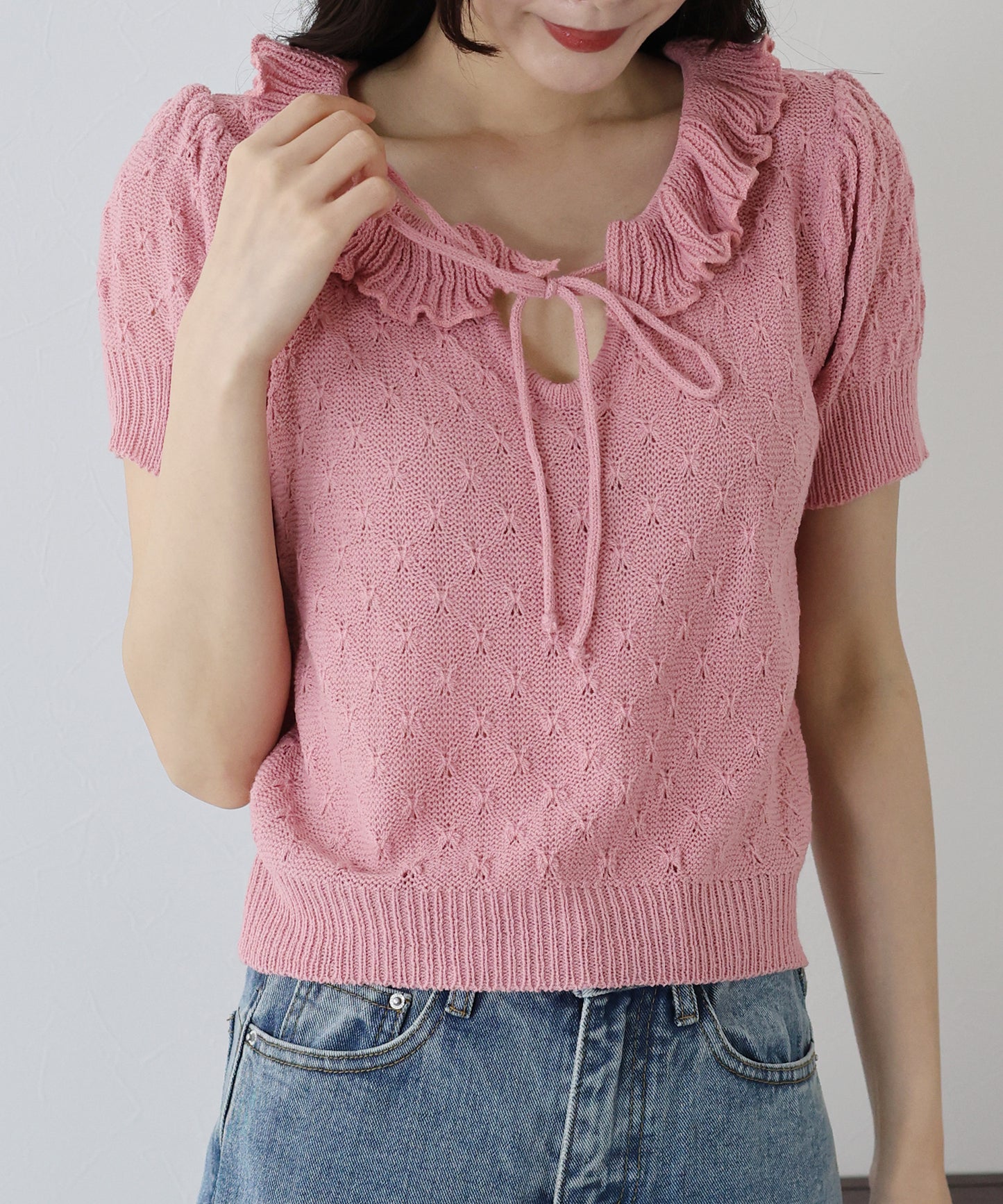 【SALE】フリル襟かぎ編みニット