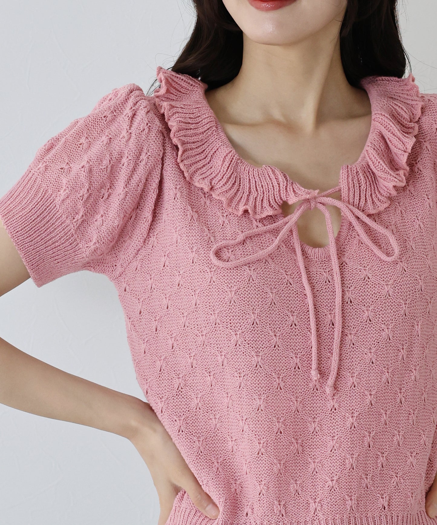 【SALE】フリル襟かぎ編みニット