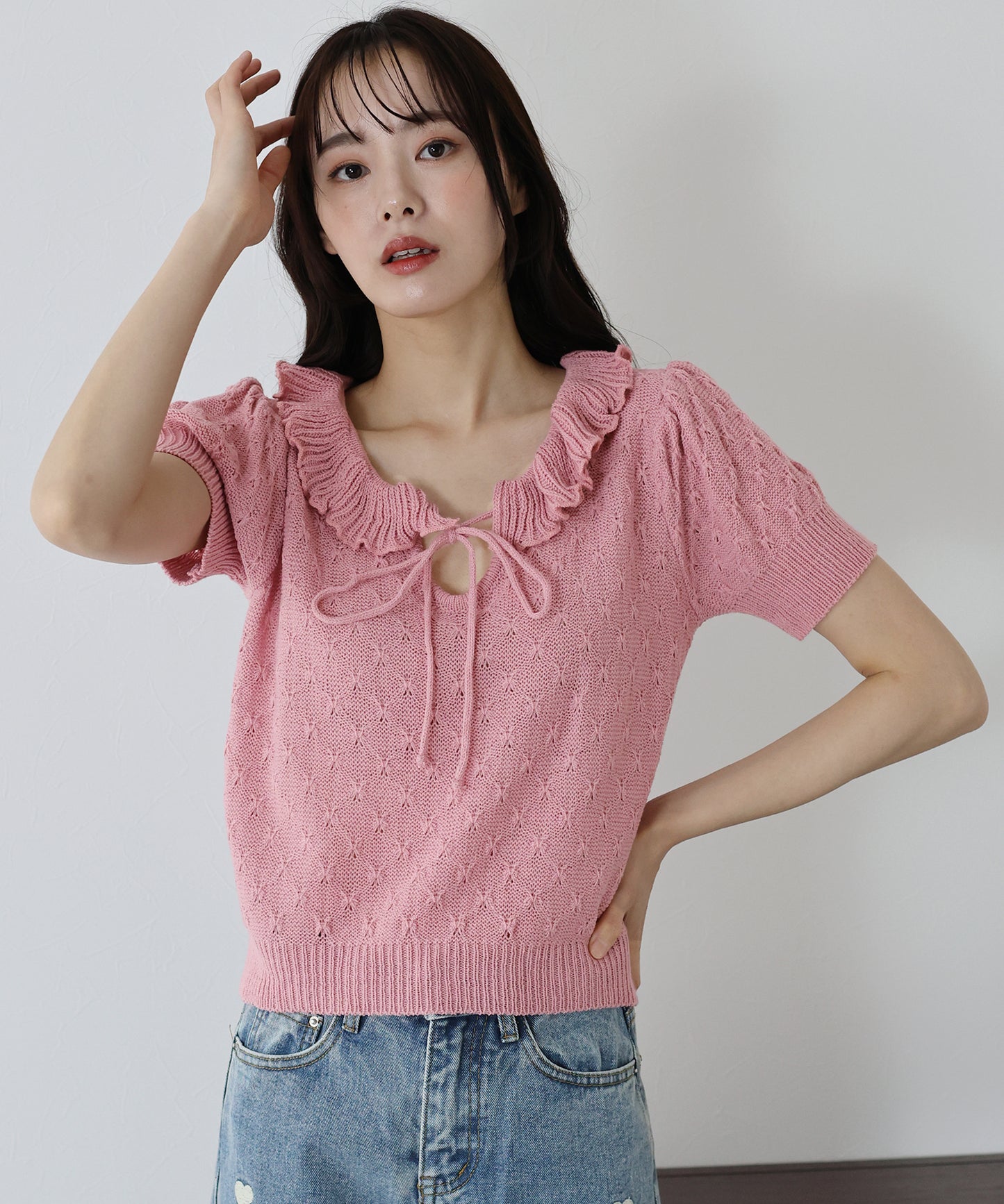 【SALE】フリル襟かぎ編みニット