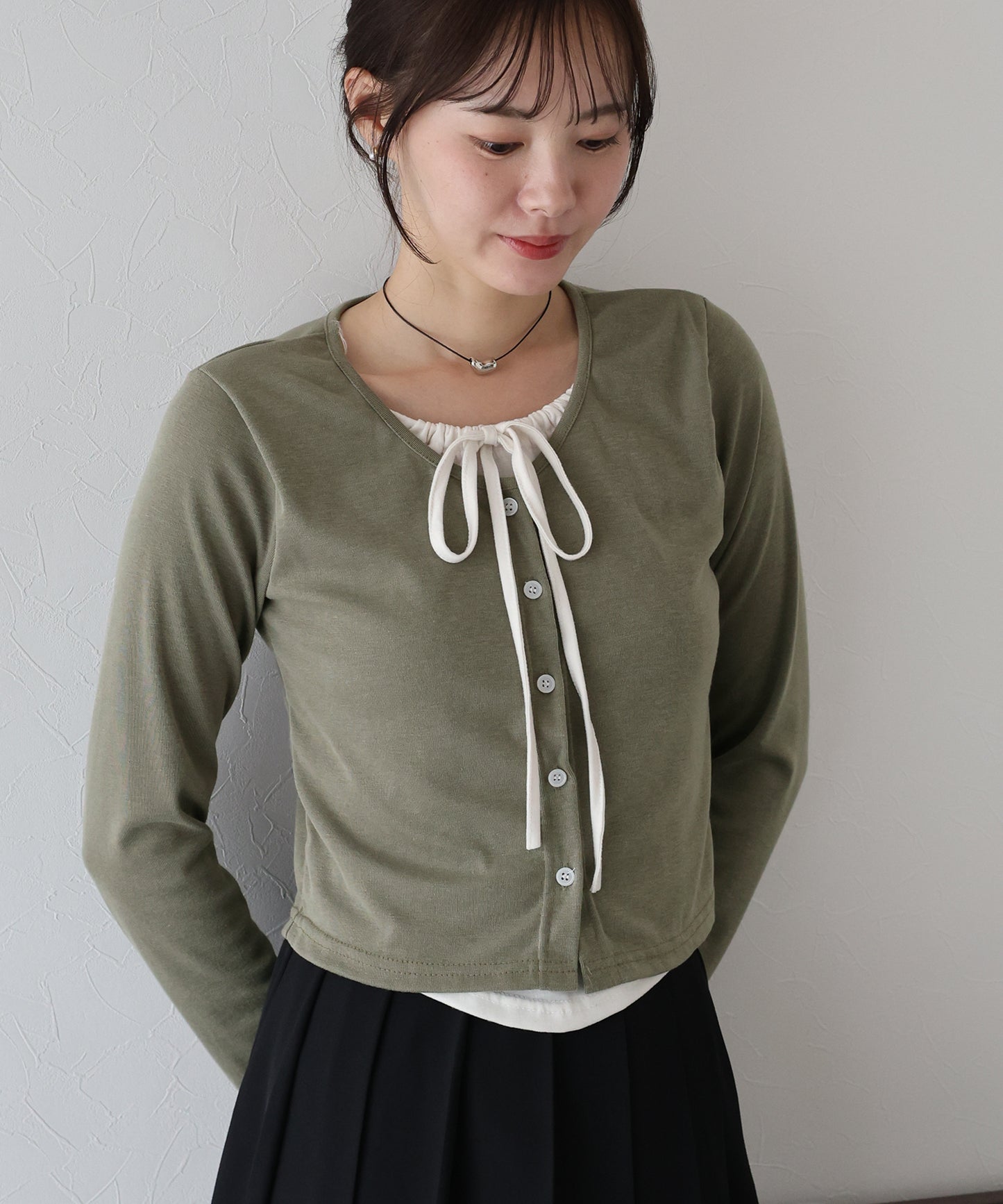【早割5%OFF】リボン付きレイヤード風トップス