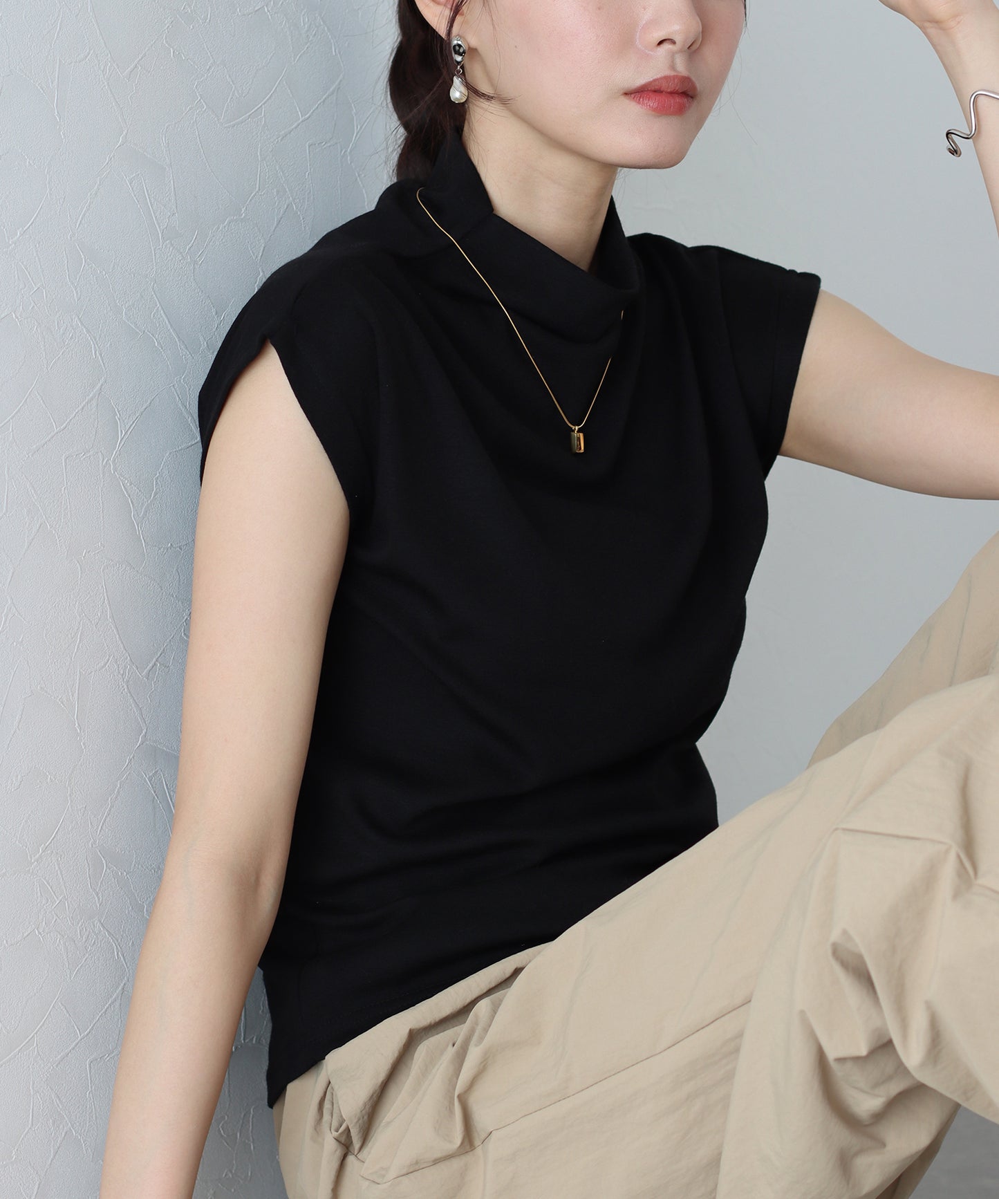 【SALE】ハイネックフレンチスリーブTシャツ【ネコポス】