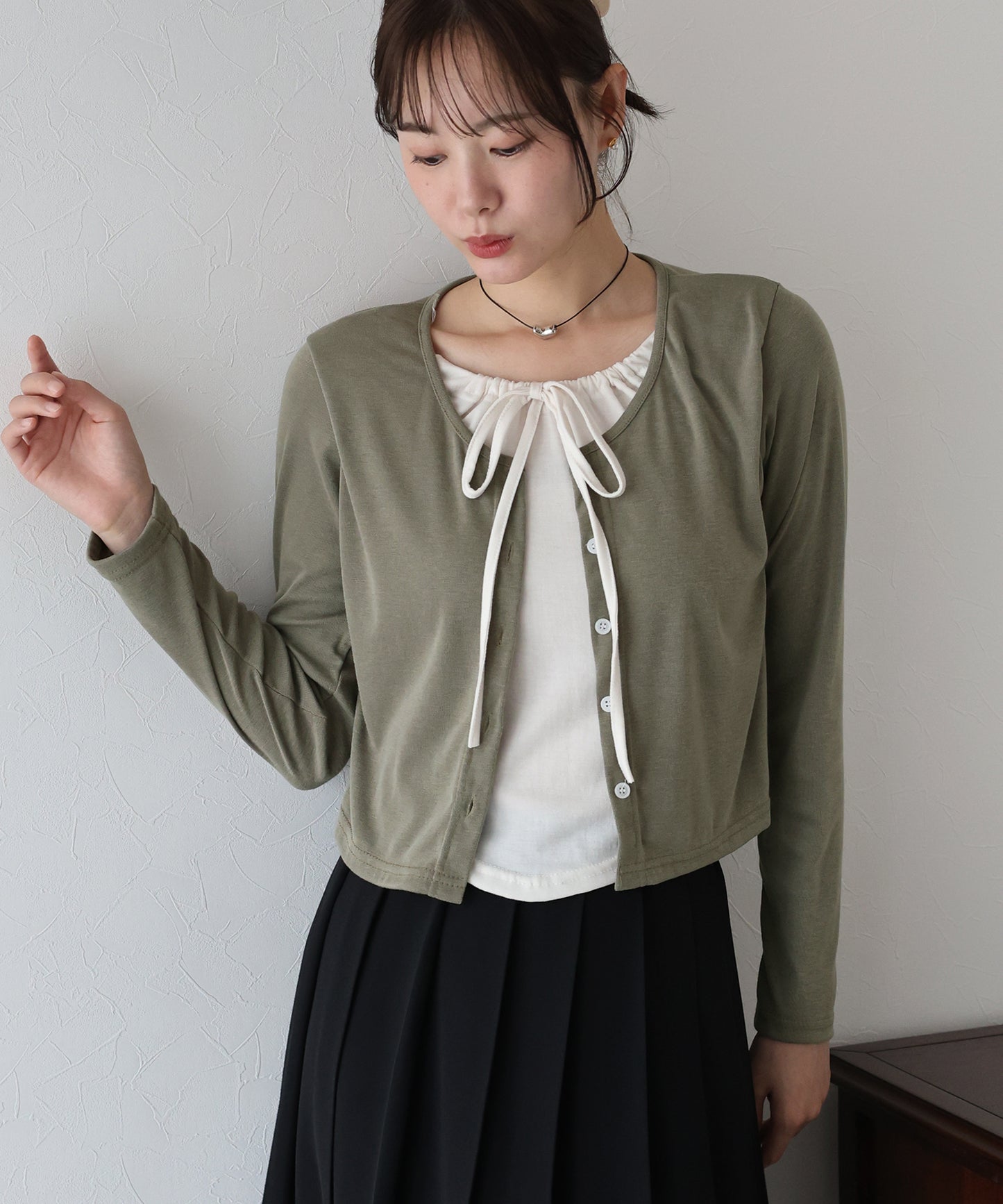 【早割5%OFF】リボン付きレイヤード風トップス