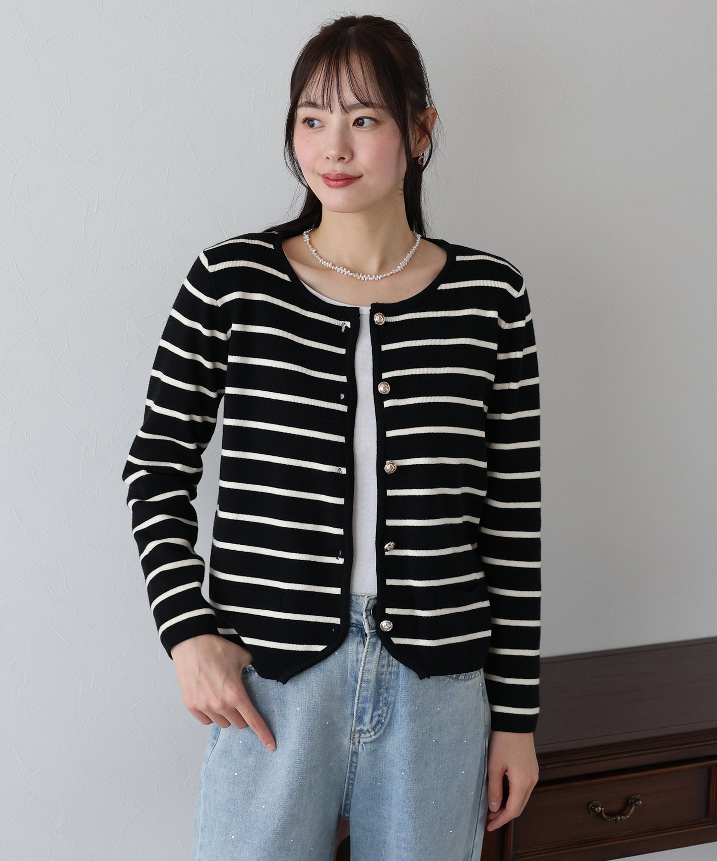 【SALE】金ボタンボーダーカーディガン