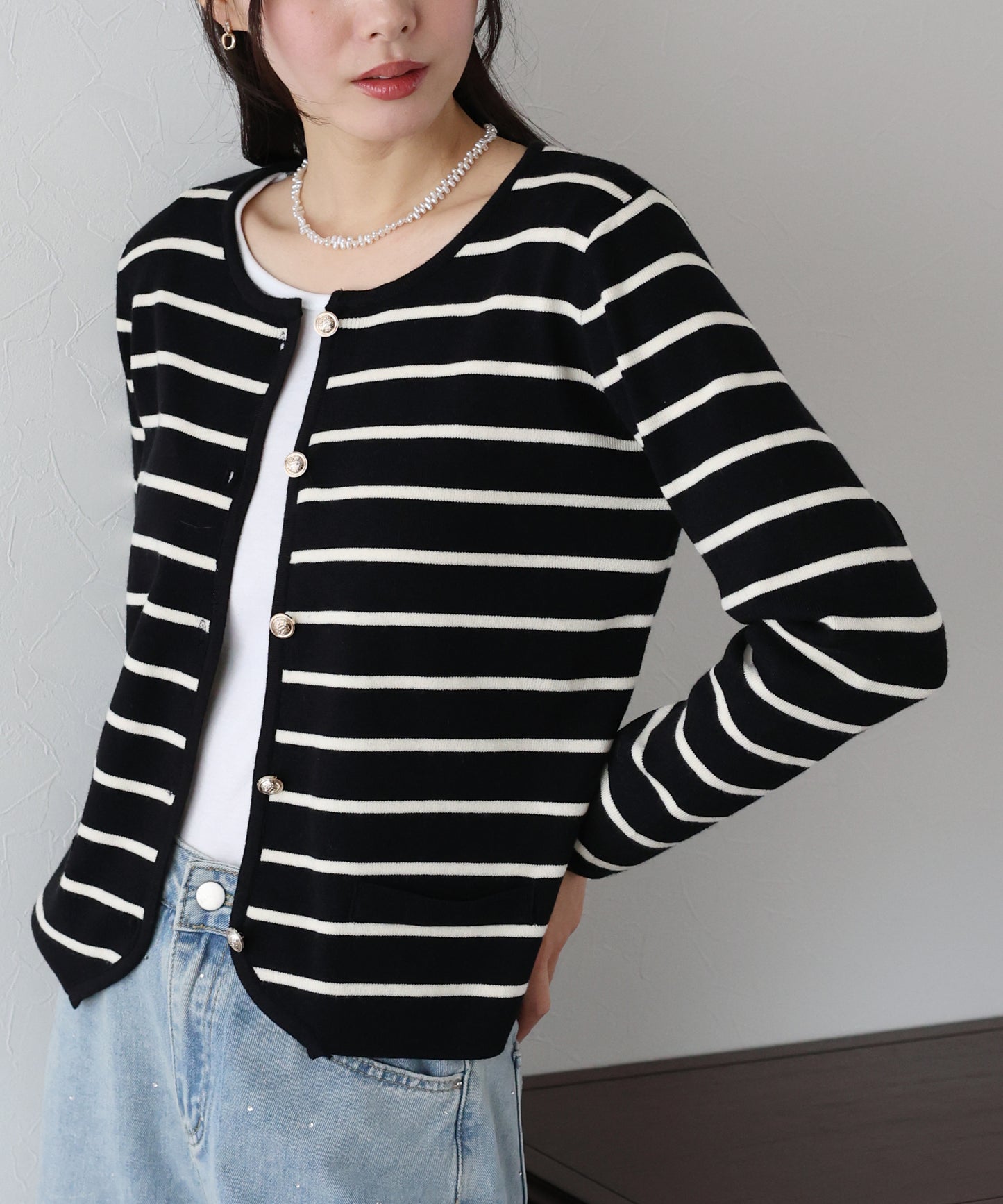 【SALE】金ボタンボーダーカーディガン