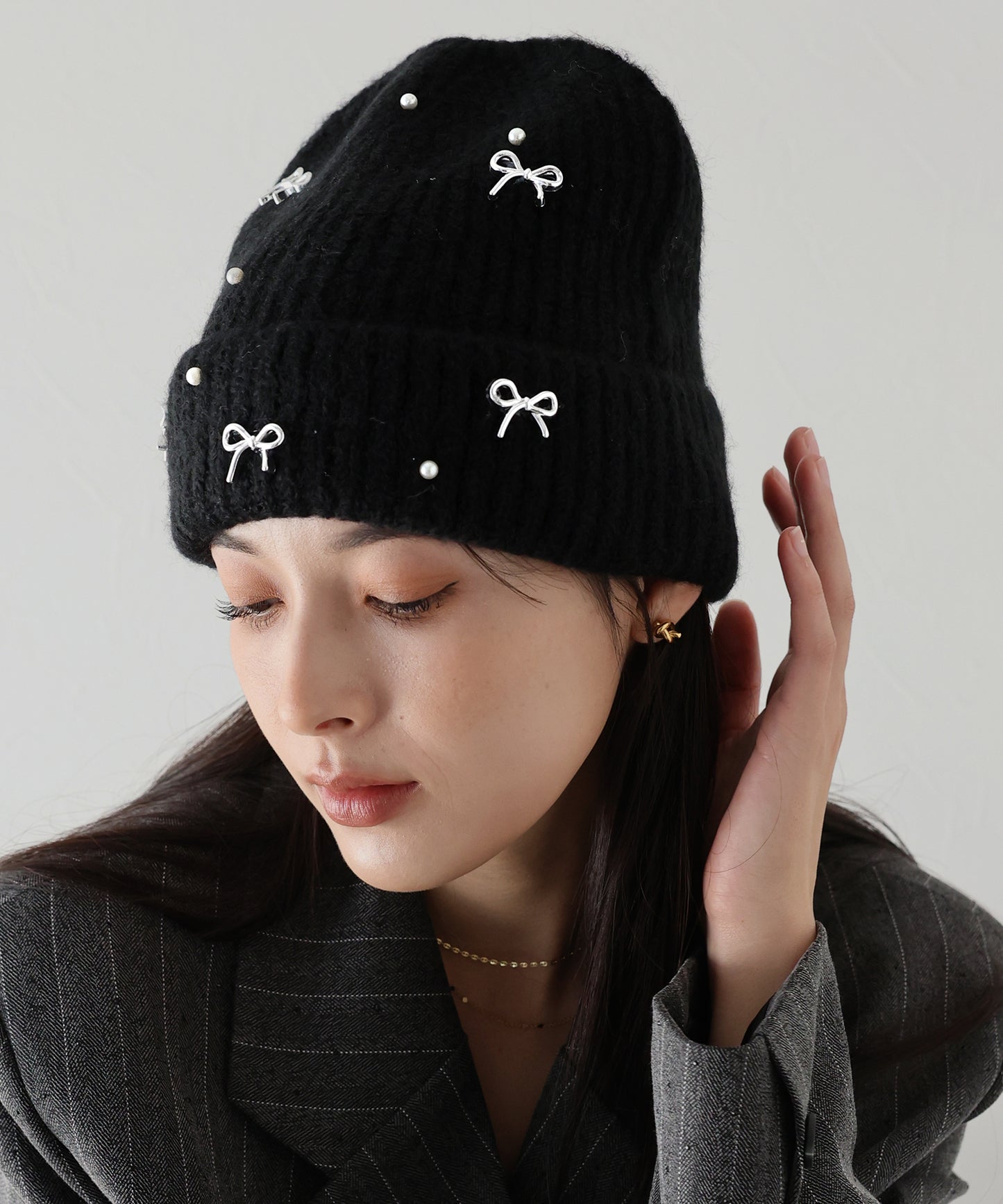 【SALE】パールリボンニット帽