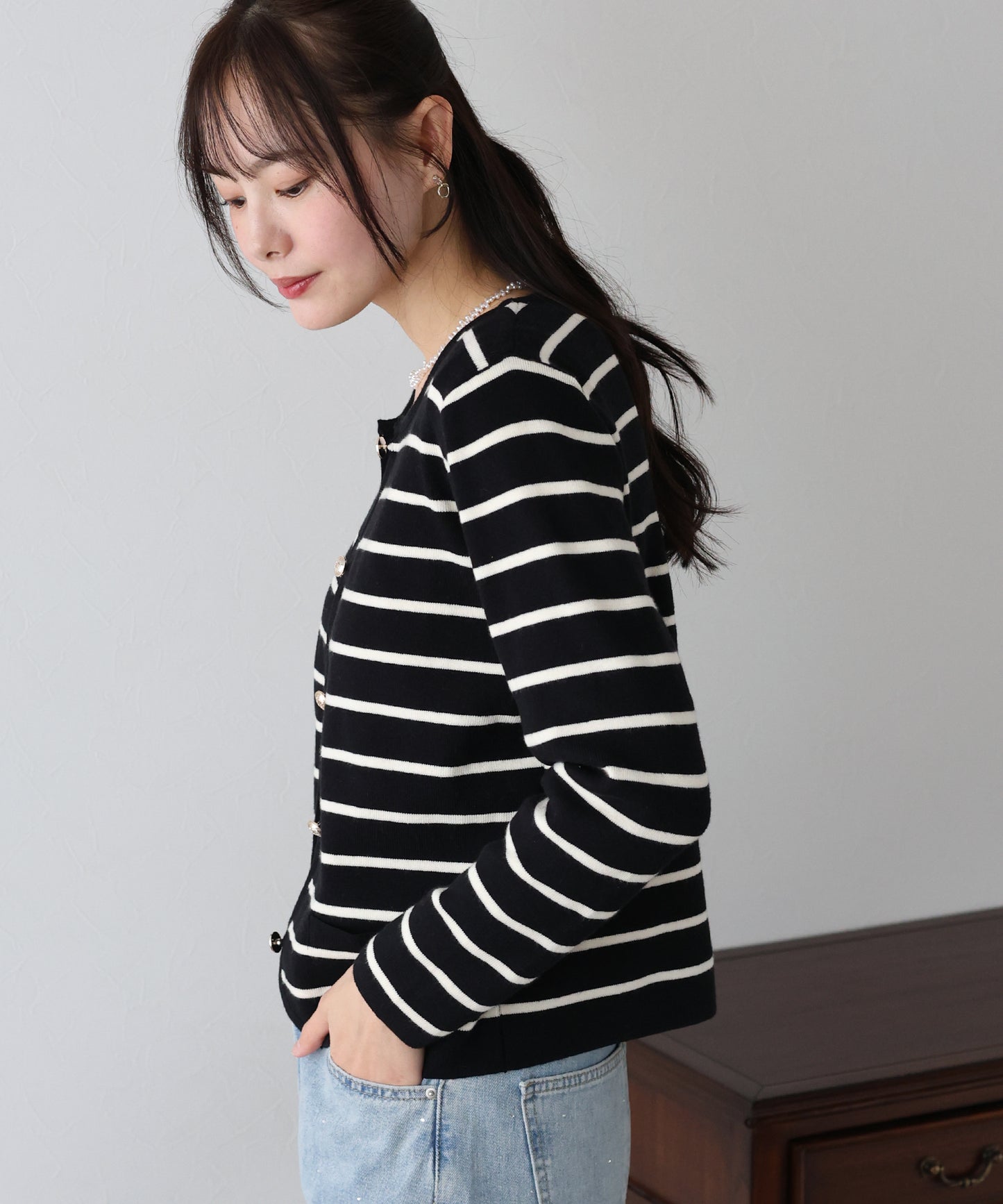 【SALE】金ボタンボーダーカーディガン