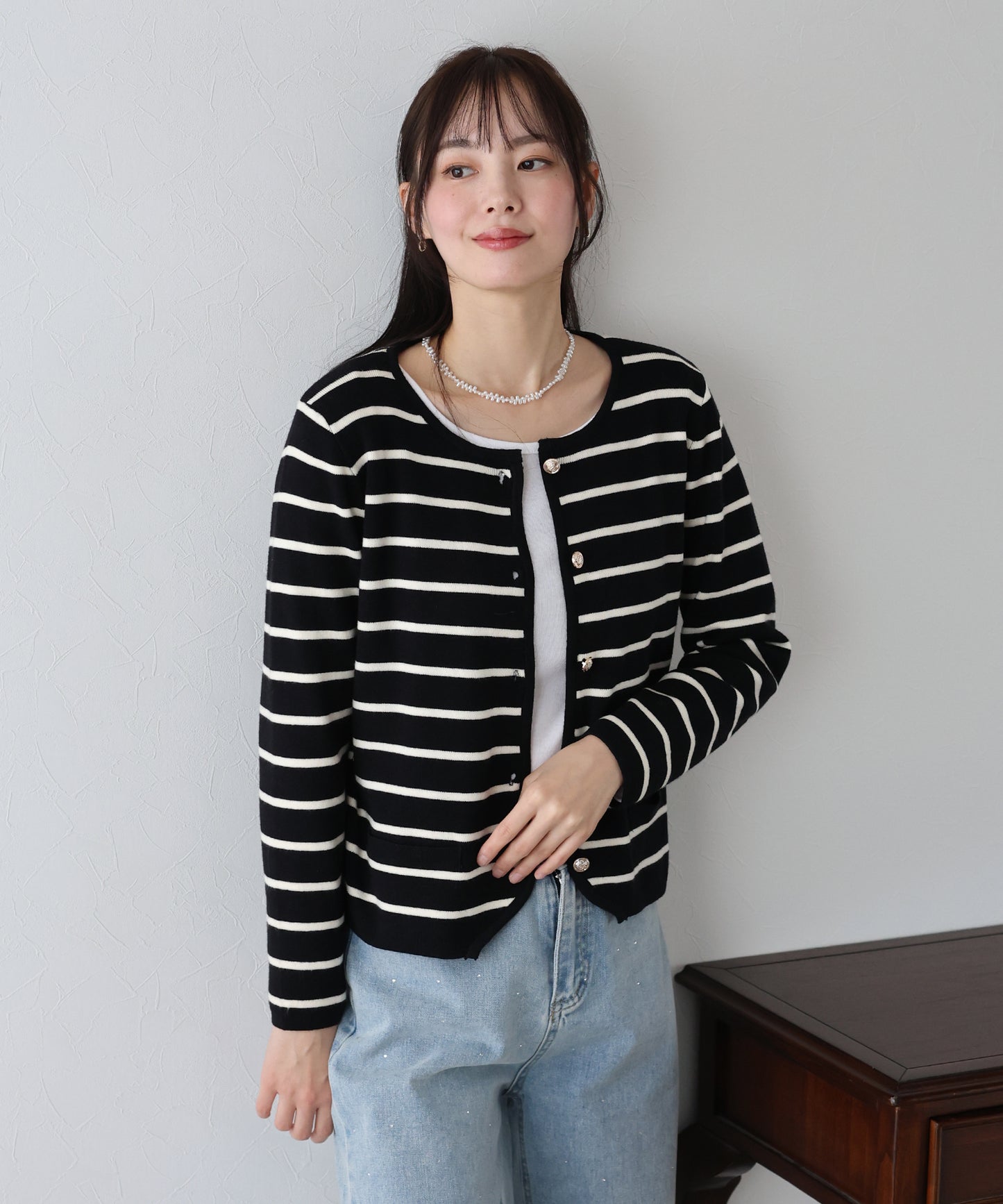 【SALE】金ボタンボーダーカーディガン