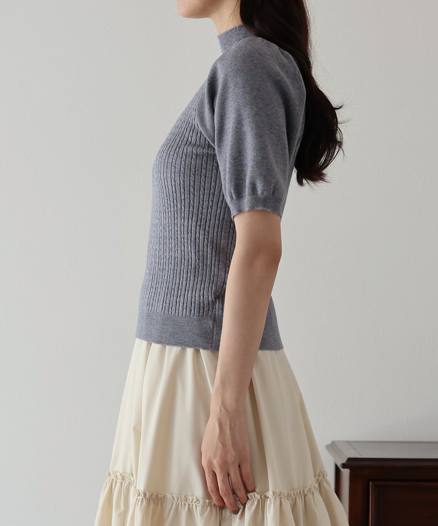 【SALE】パフスリーブ半袖ミニケーブルニット