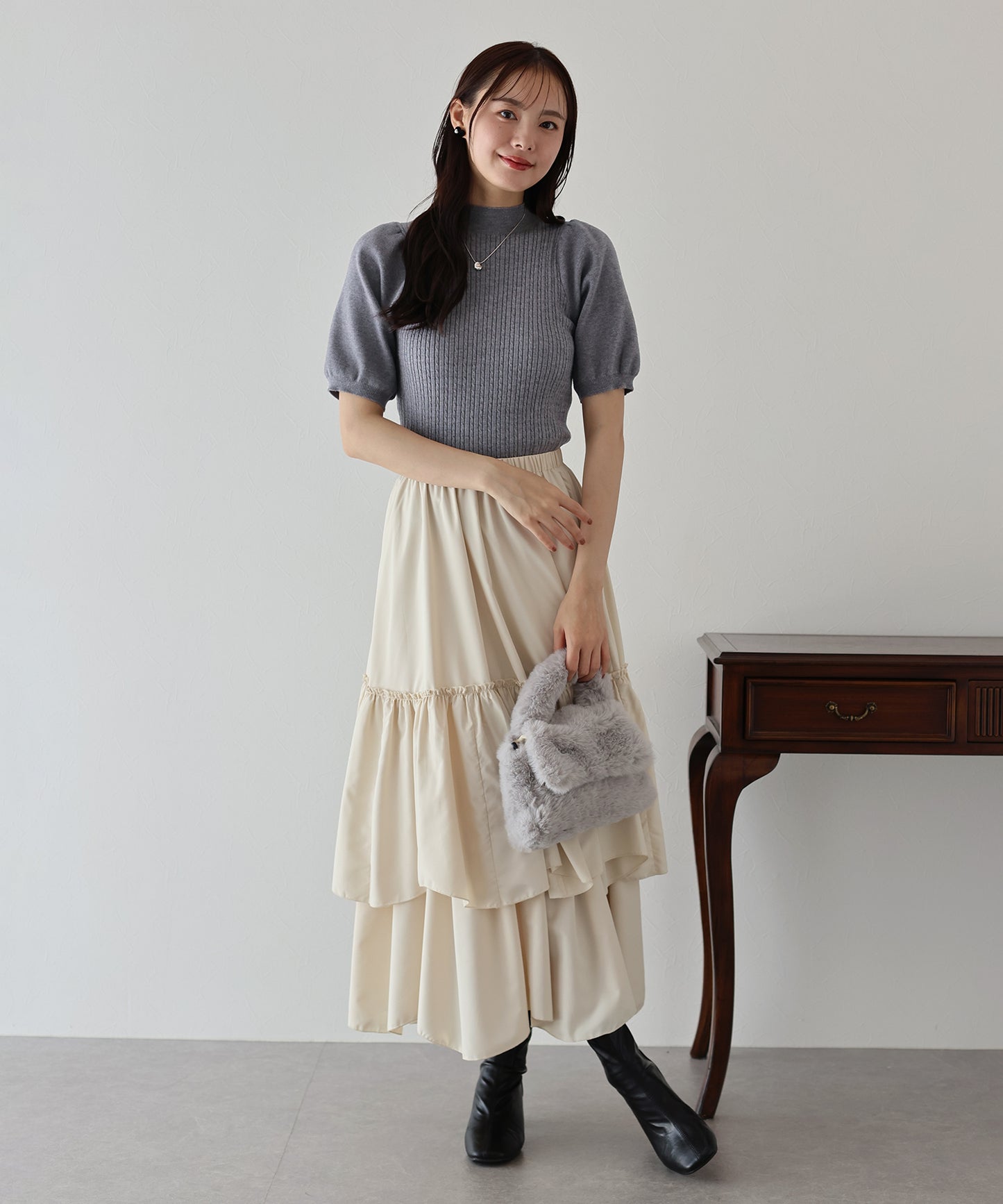 【SALE】パフスリーブ半袖ミニケーブルニット