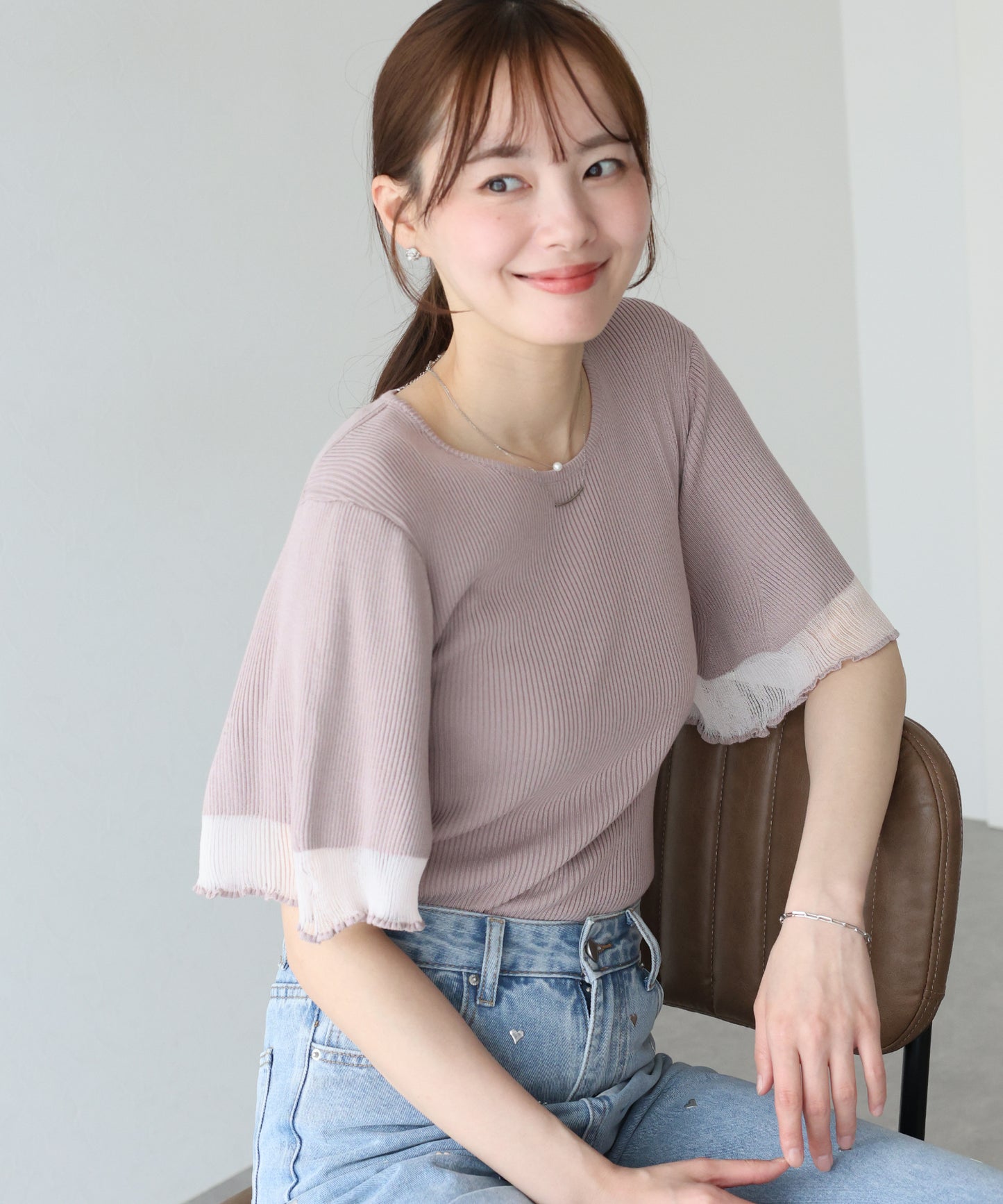 【TIME SALE】半袖先シアーリブニット