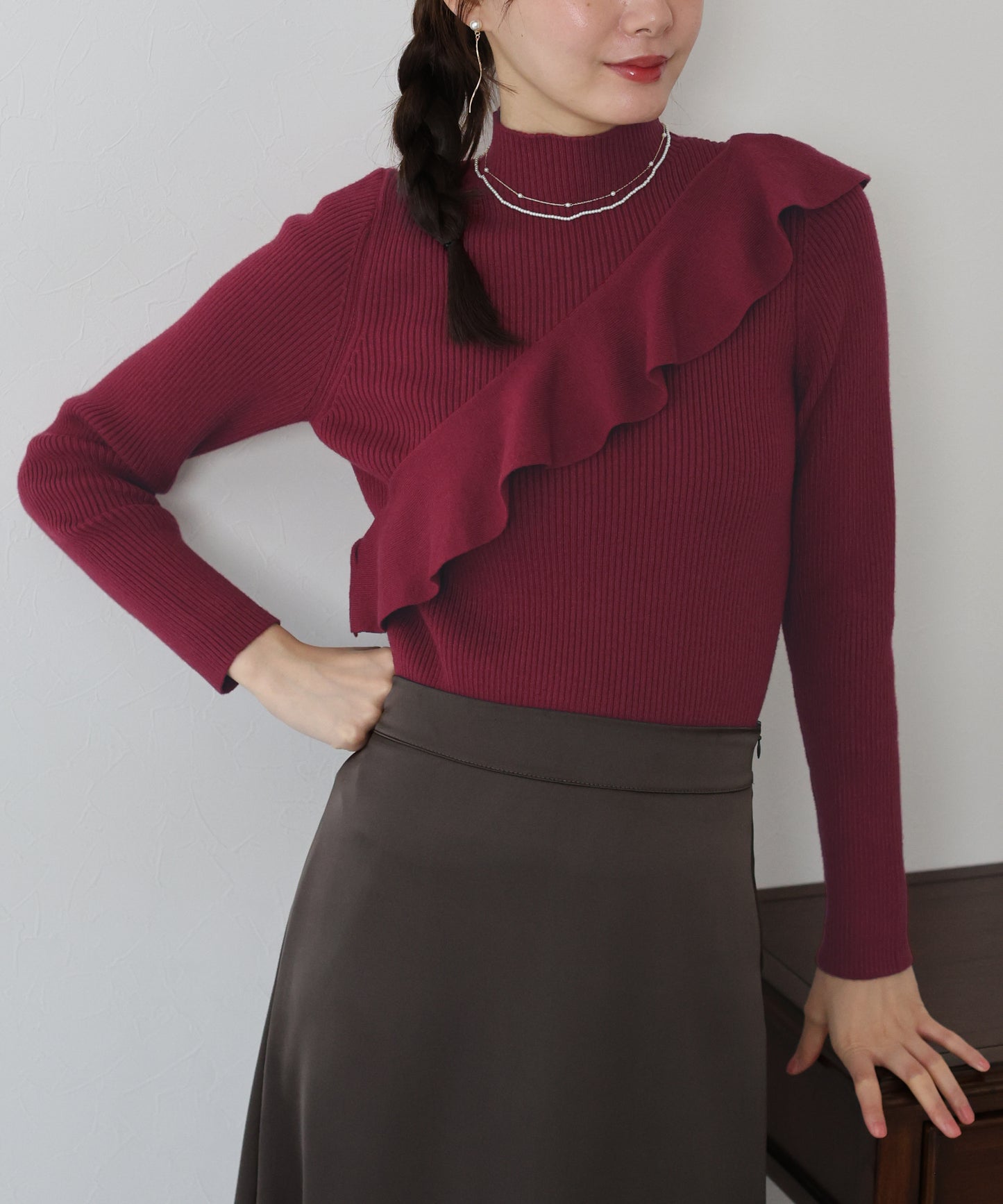 【早割5%OFF】アシメフリルリブニット