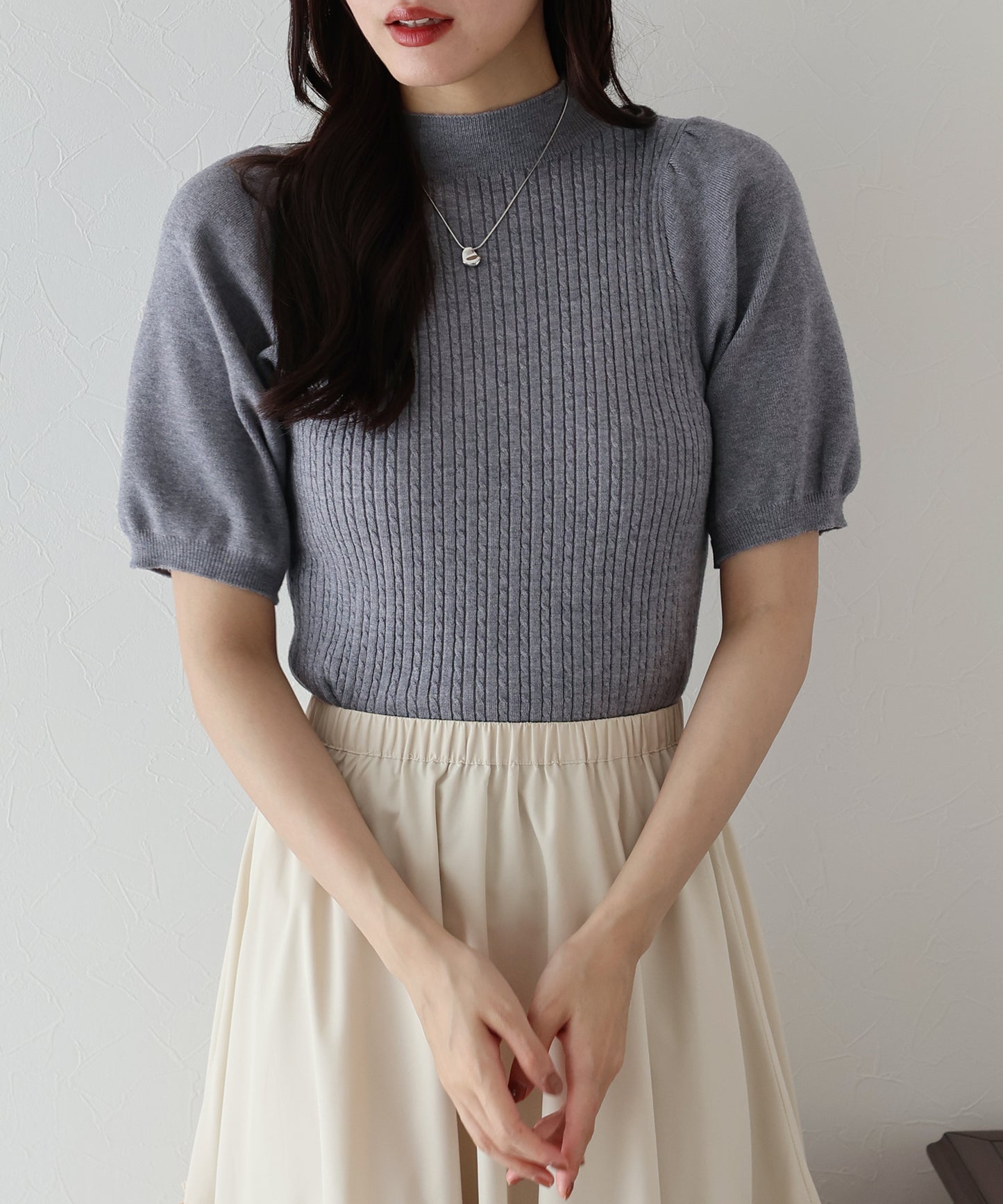 【SALE】パフスリーブ半袖ミニケーブルニット