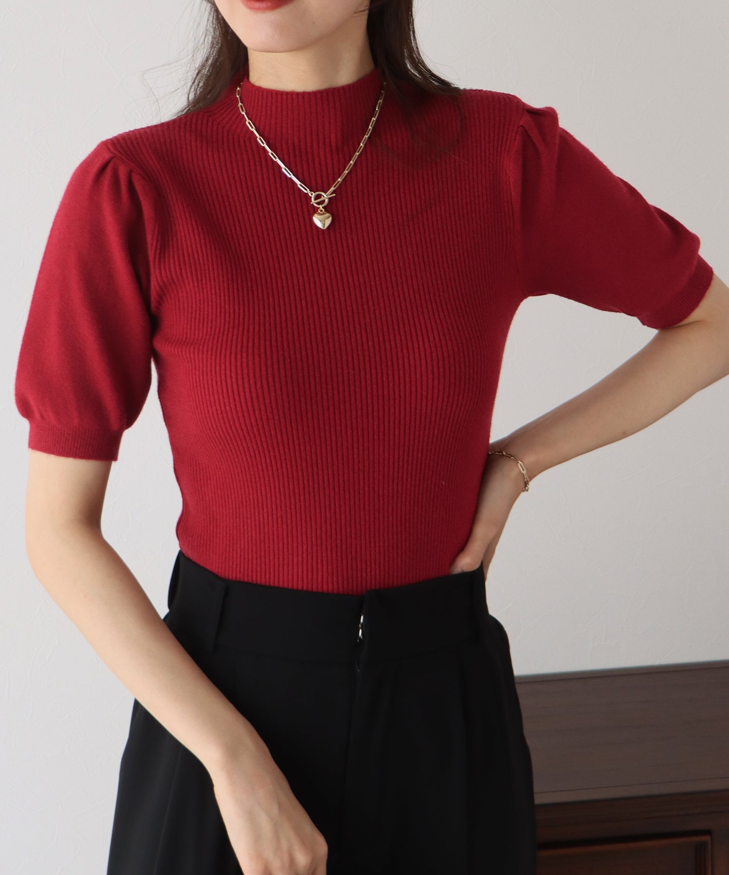 【SALE】パフスリーブ半袖なめらかニット【ネコポス】