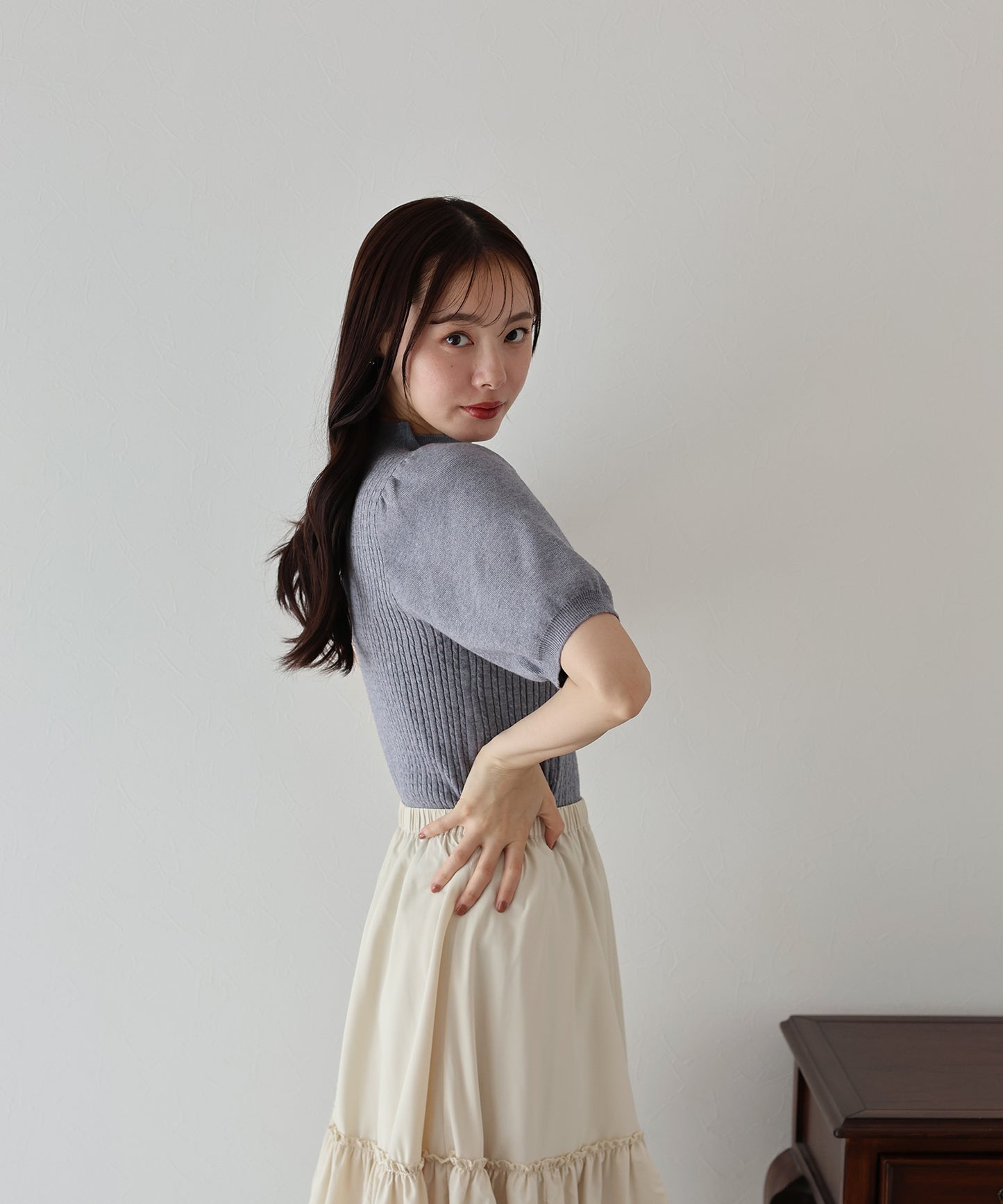 【SALE】パフスリーブ半袖ミニケーブルニット