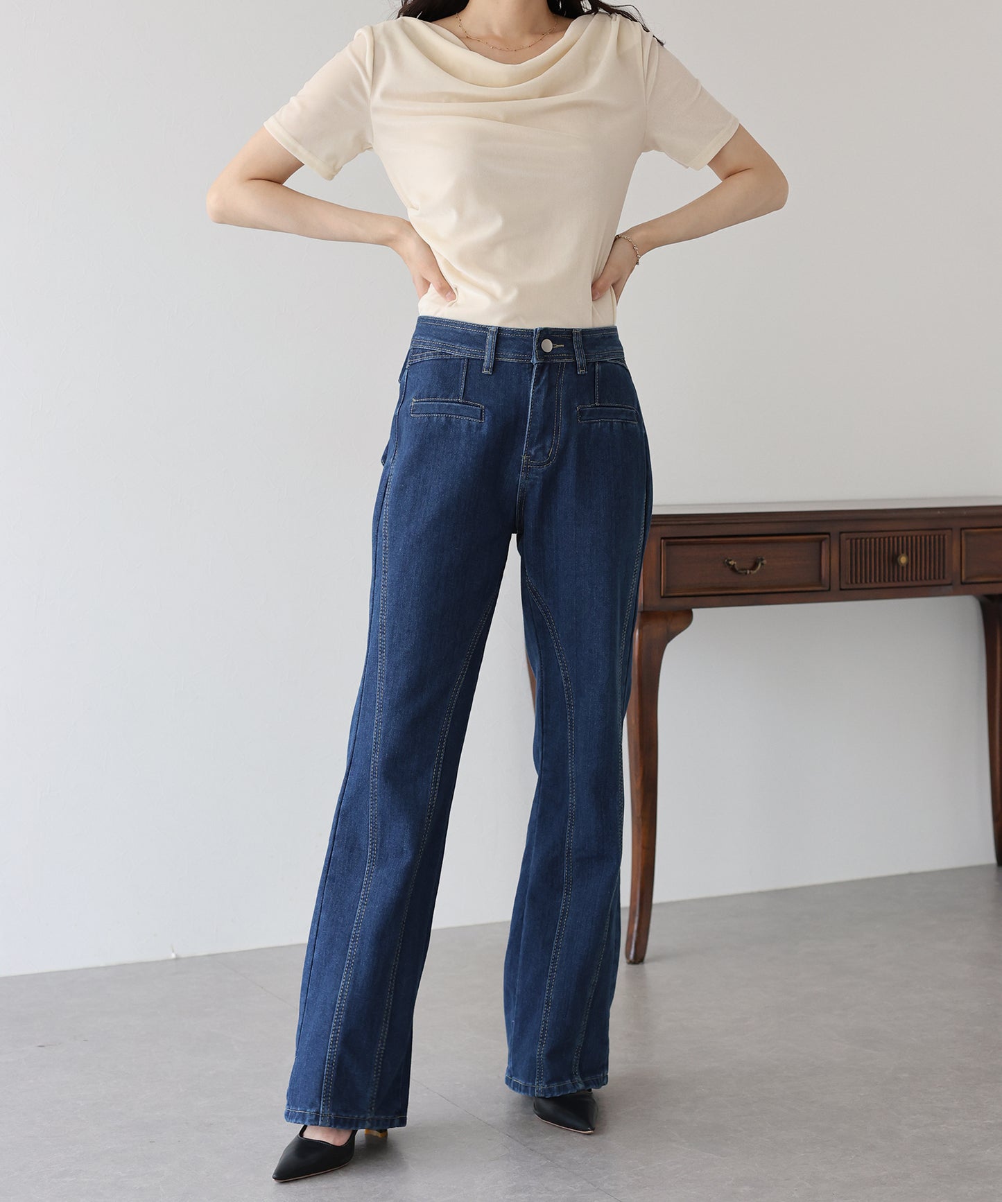 ハイウエストバックリボンワイドデニムパンツ