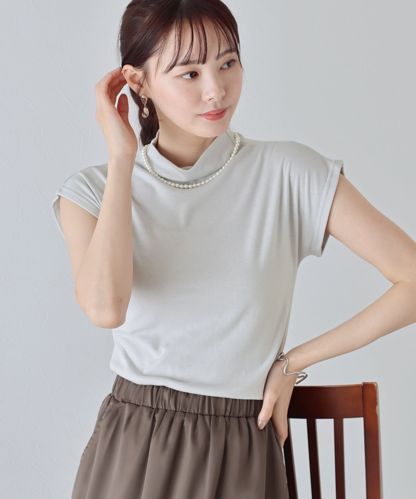 【SALE】ハイネックフレンチスリーブTシャツ【ネコポス】