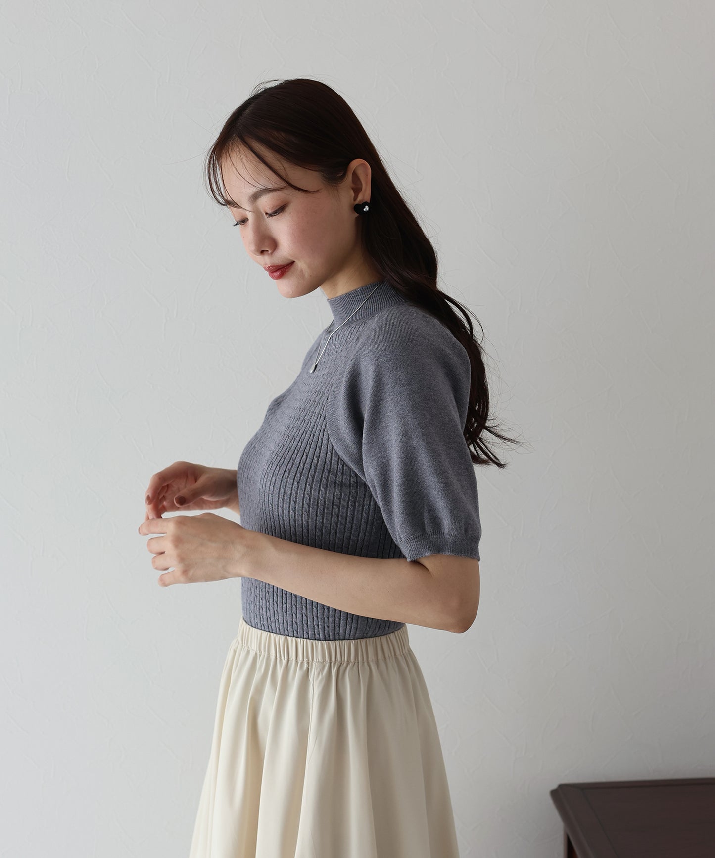 【SALE】パフスリーブ半袖ミニケーブルニット