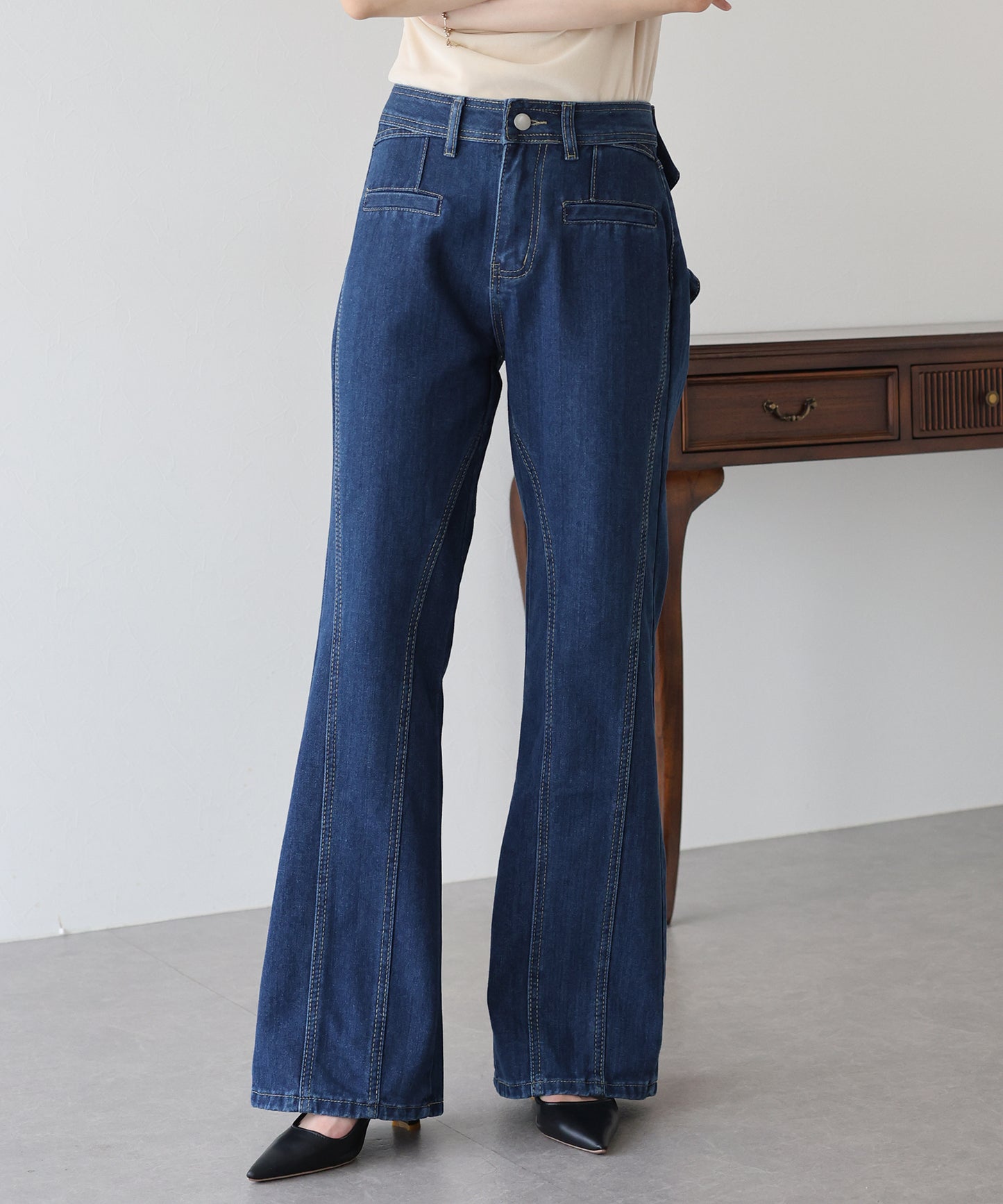 ハイウエストバックリボンワイドデニムパンツ