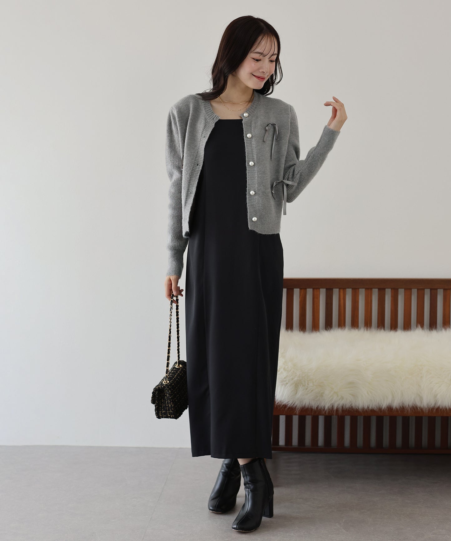 【SALE】リボン付きパールボタンカーディガン