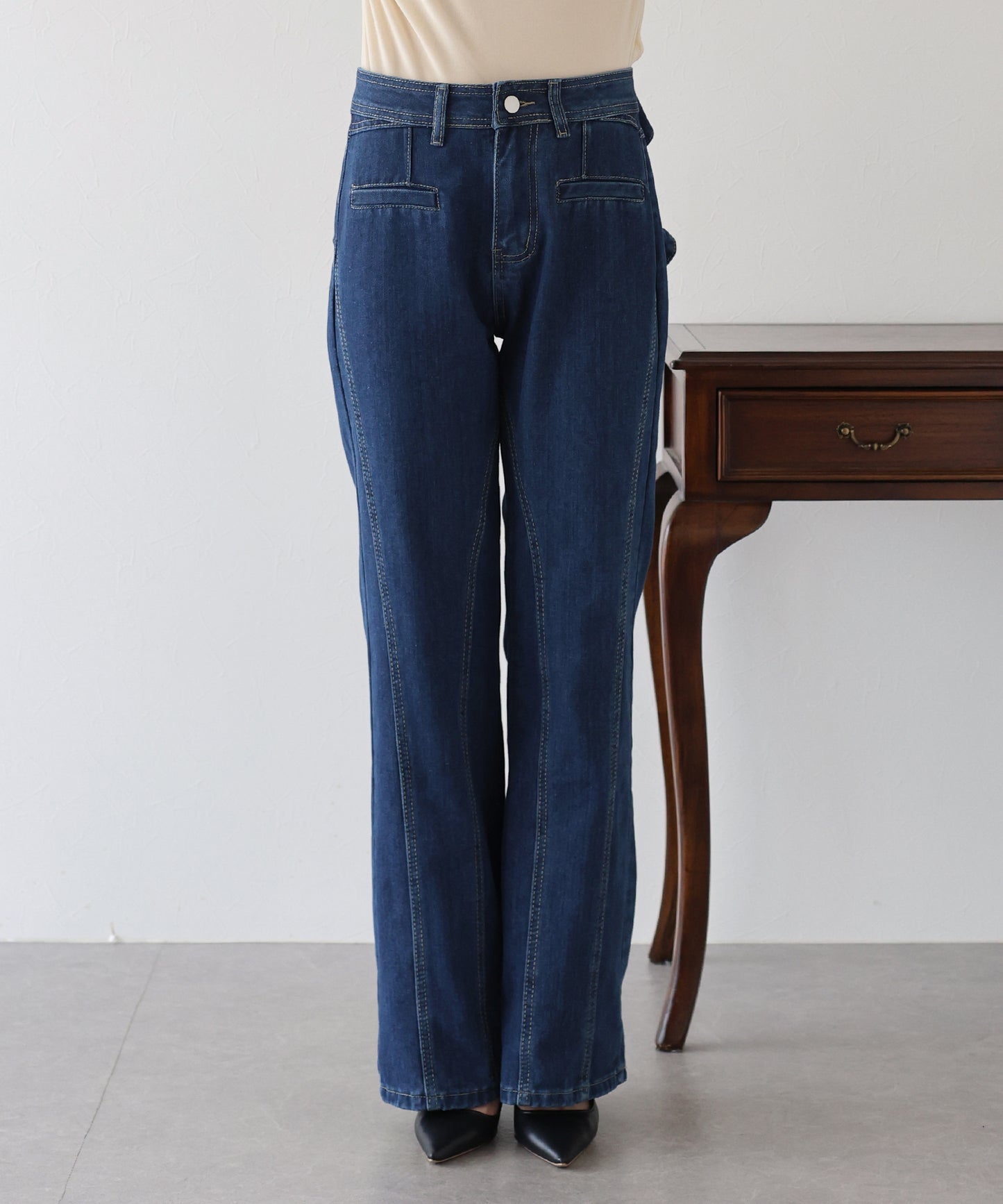 ハイウエストバックリボンワイドデニムパンツ