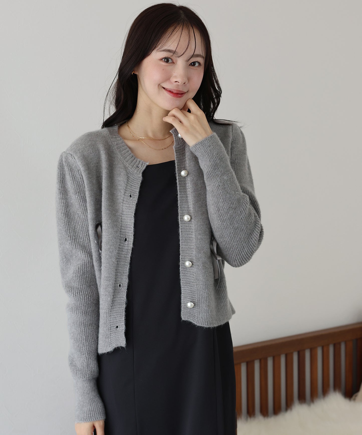 【SALE】リボン付きパールボタンカーディガン