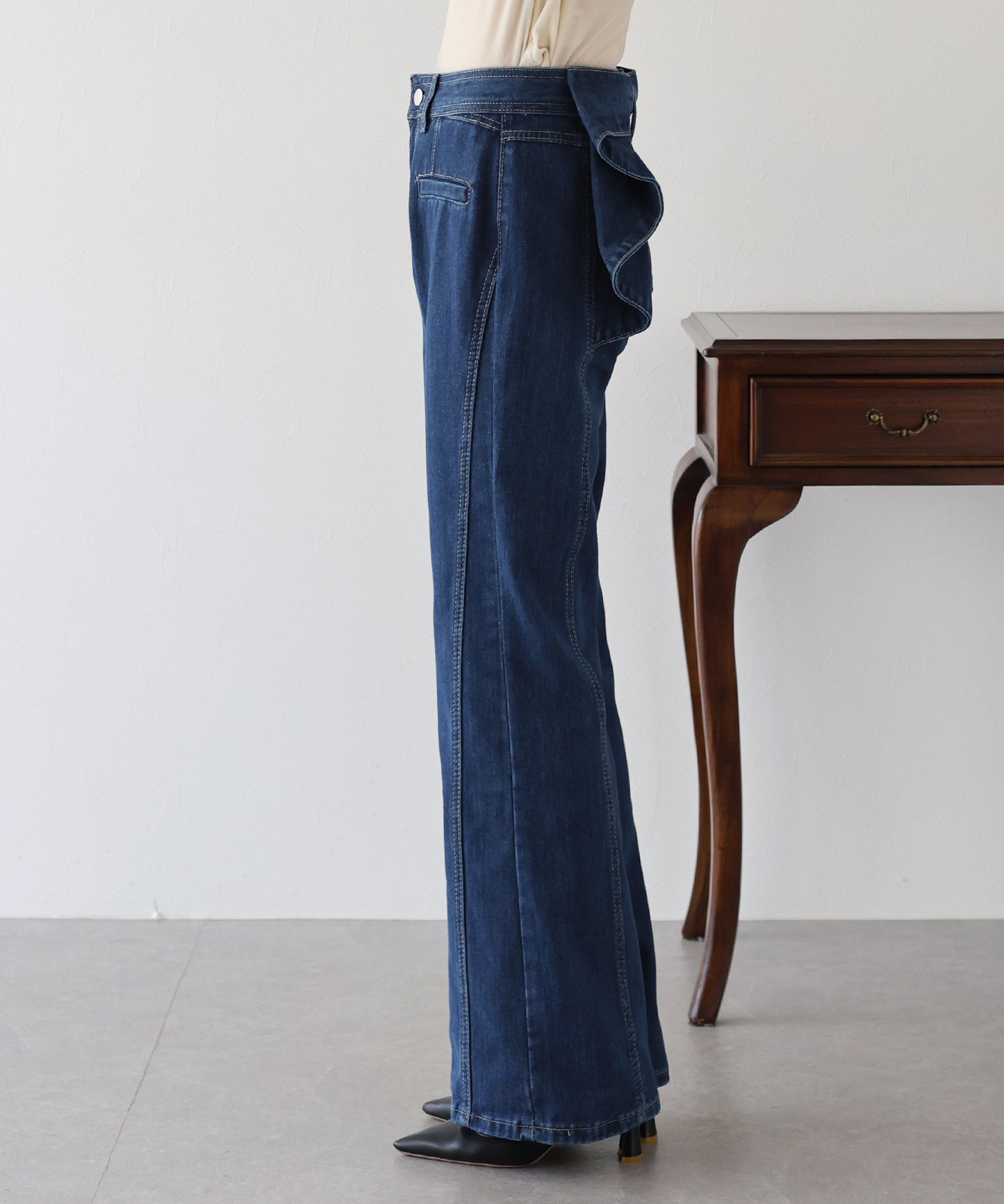 ハイウエストバックリボンワイドデニムパンツ