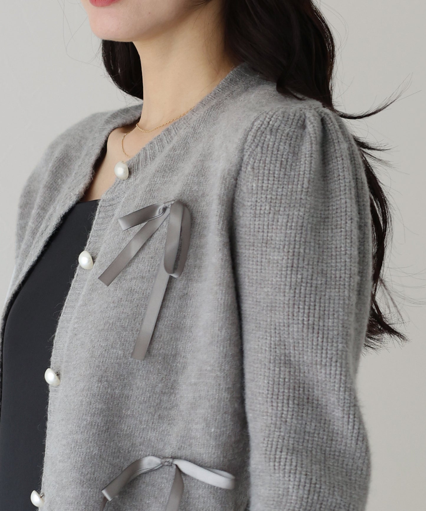 【SALE】リボン付きパールボタンカーディガン