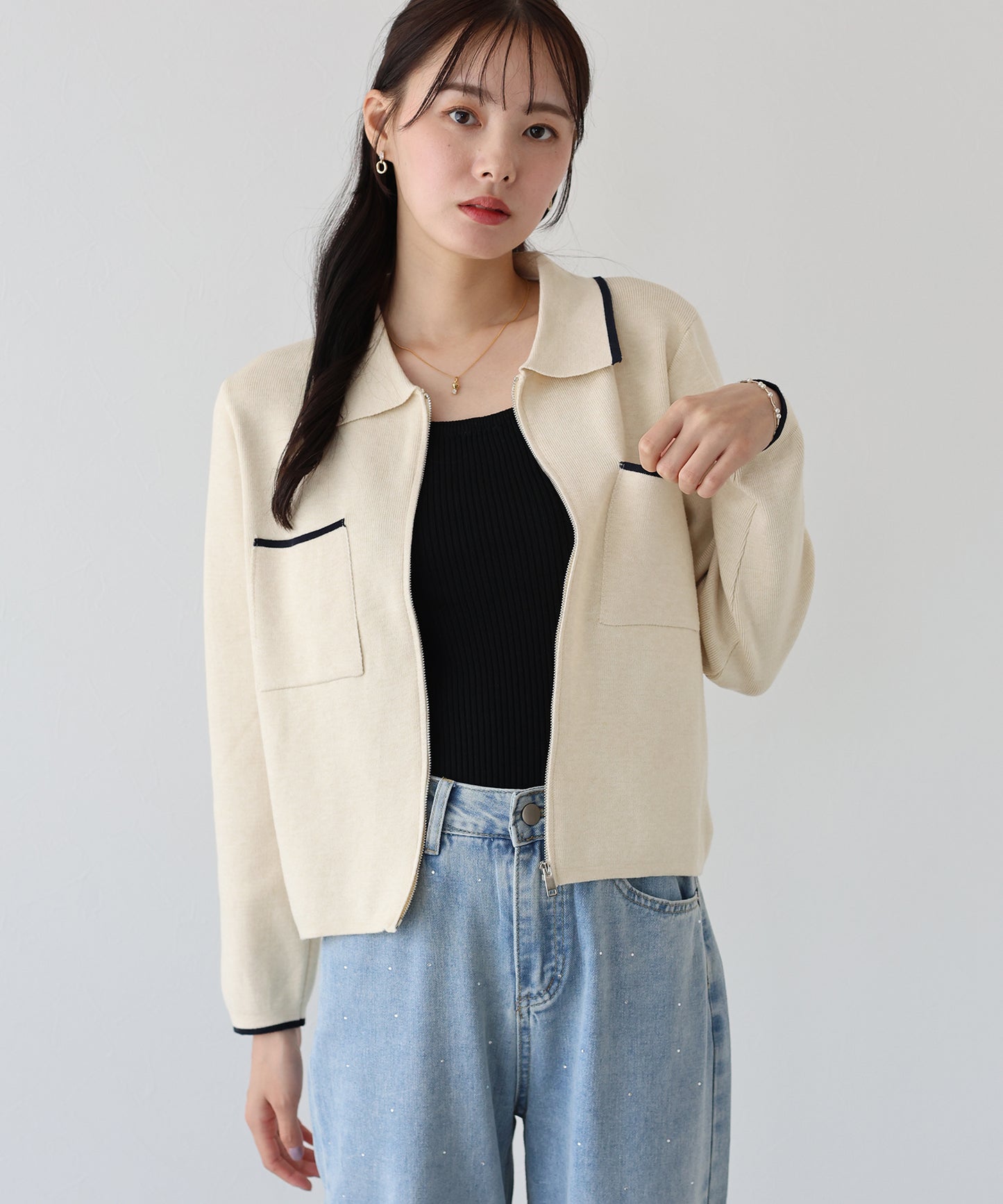 ジップポロ襟ニットカーディガン