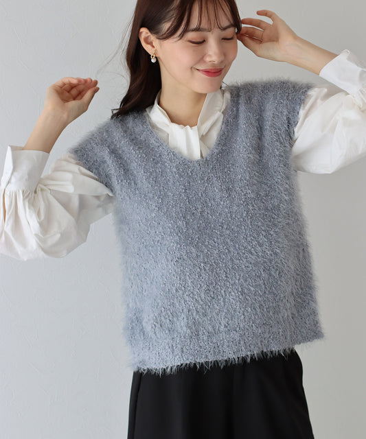 【SALE】ぽこぽこVネックシャギーニットベスト