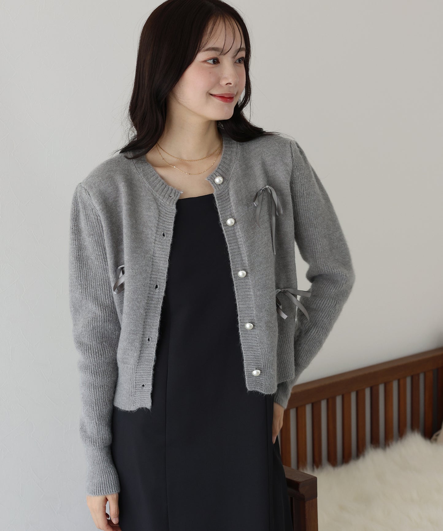 【SALE】リボン付きパールボタンカーディガン