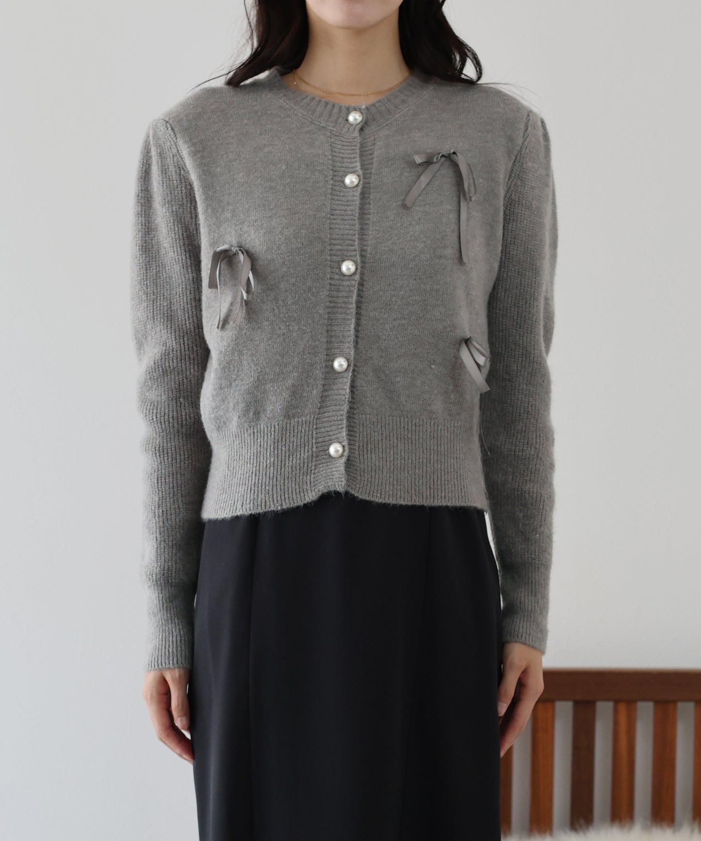 【SALE】リボン付きパールボタンカーディガン